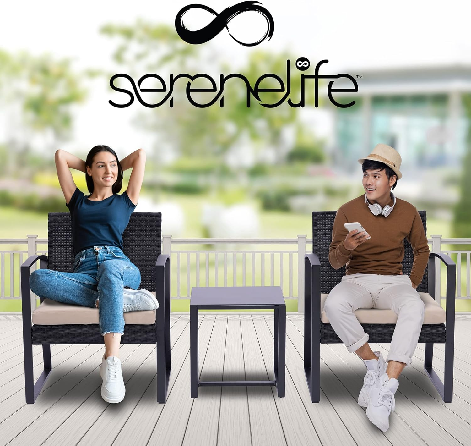 SereneLife Patio Outdoor Furniture, 3 Pieces per Set - Includes 2 Single Chairs with Soft Cushions and 1 Glass-Top Coffee Table, Black Weather-Resistant Resin Wicker Rattan, Brown