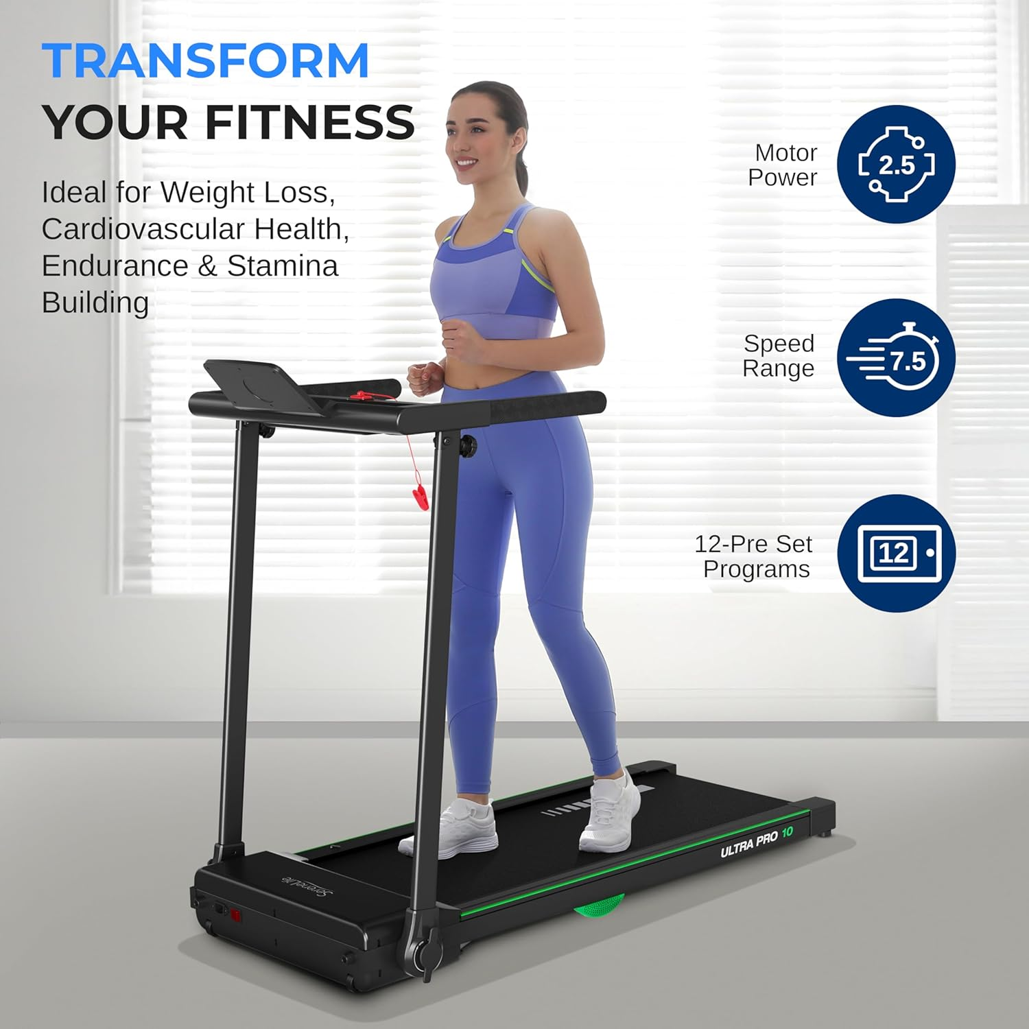 SereneLife Foldable Treadmill, Walking Pad with Handle, 2.5HP Quiet Motor, Compact Treadmill for Home, Office, and Gym, 12 Pre-Set Programs, Space-Saving Design