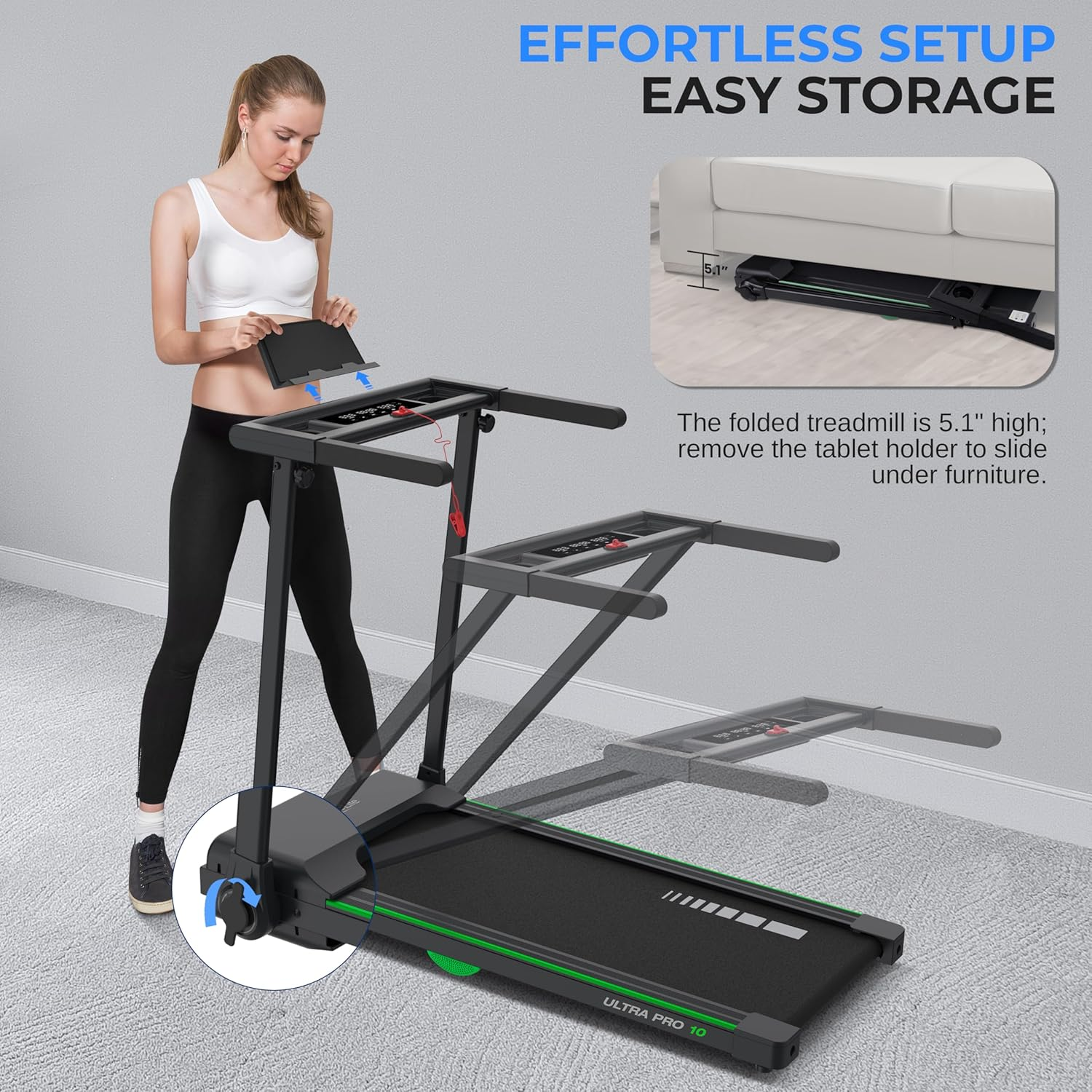 SereneLife Foldable Treadmill, Walking Pad with Handle, 2.5HP Quiet Motor, Compact Treadmill for Home, Office, and Gym, 12 Pre-Set Programs, Space-Saving Design