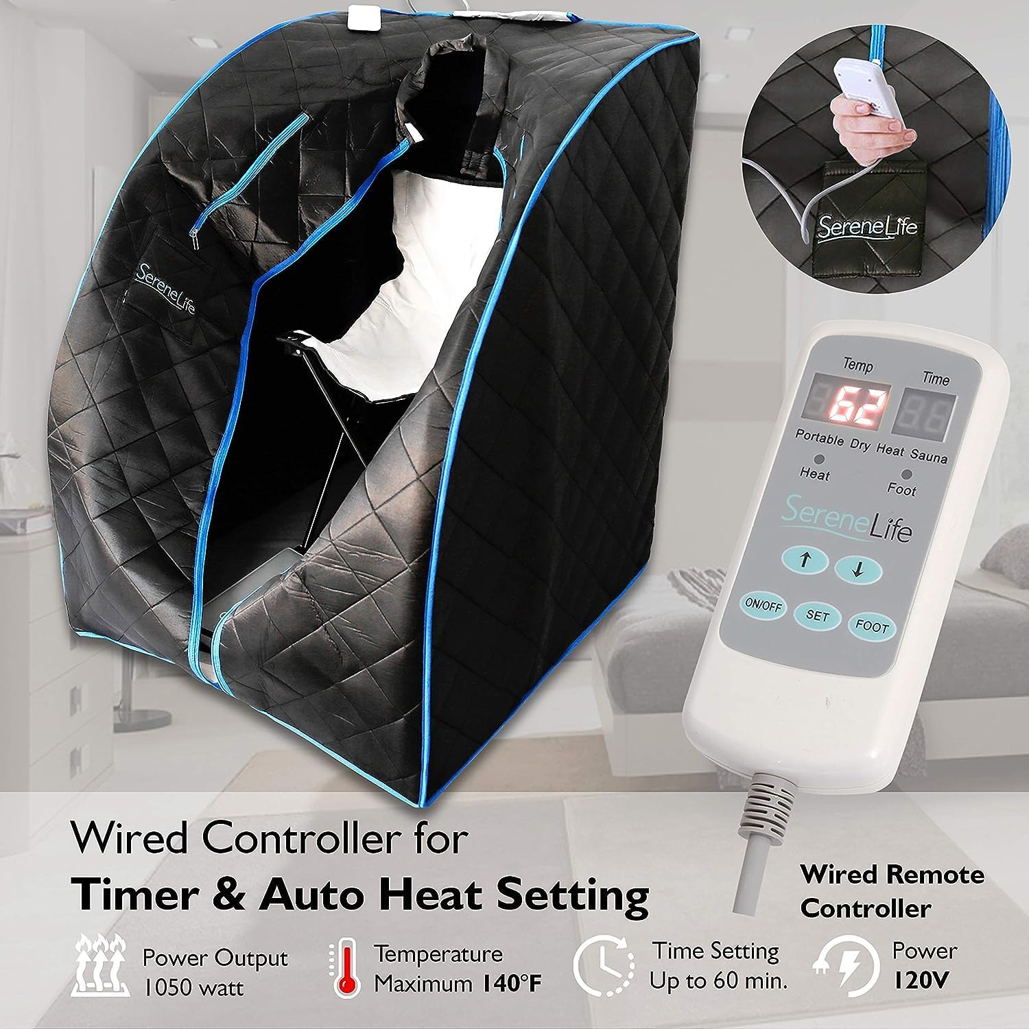 SereneLife Portable Infrared Sauna, Home Sauna for One Person, Includes Heating Foot Pad, Portable Chair, and Wired Controller for Timer and Auto Heat Setting