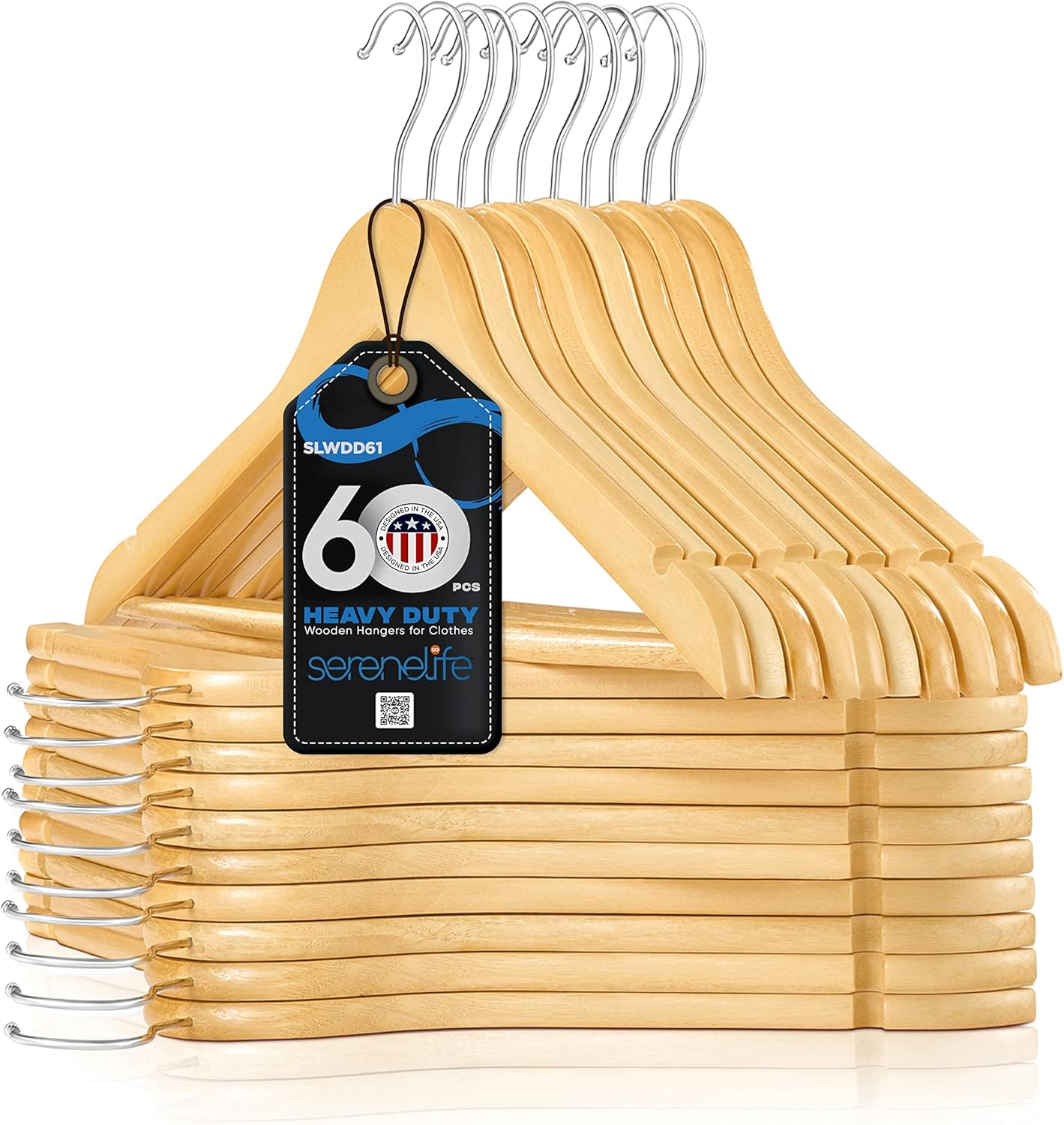 SereneLife Wooden Hangers - Premium Clothes Hangers, Coat Hangers, Space-Saving Heavy-Duty Hangers, 60-Pack