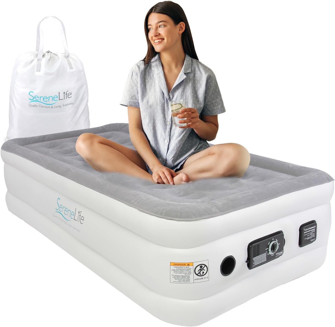 SereneLife Air Mattress - Inflatable Twin Air Bed with Built-in Pump, Self-Inflating, 45cm Elevated with Plush Grey Flocking