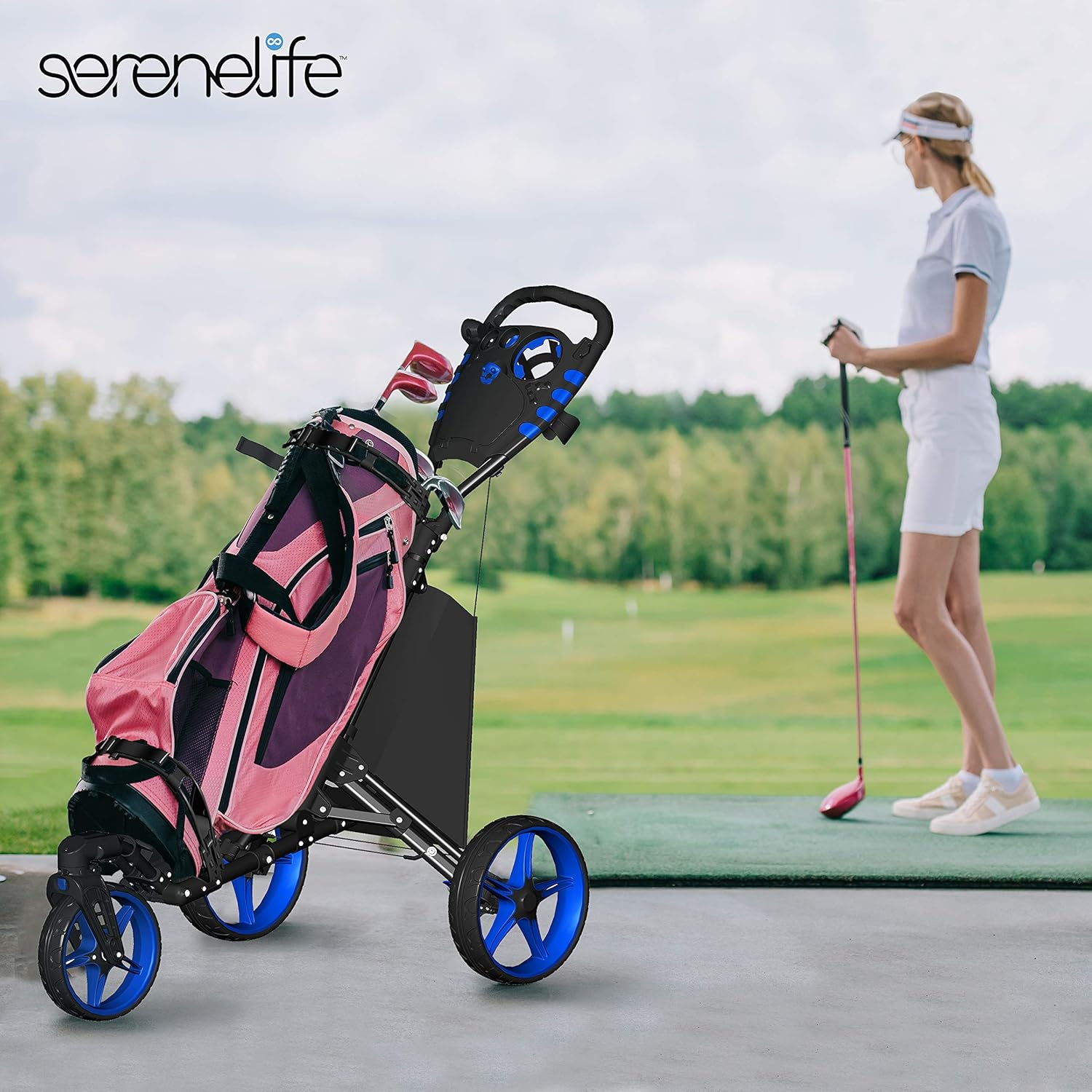 SereneLife 3-Wheel Golf Push Cart - Lightweight Folding Walking Push Cart, Roller Golf Bag Holder with Foot/Handle Brake, Upper/Lower Bracket with Elastic Strap, Scorecard/Cup/Bag Storage Holder - SLGZ48