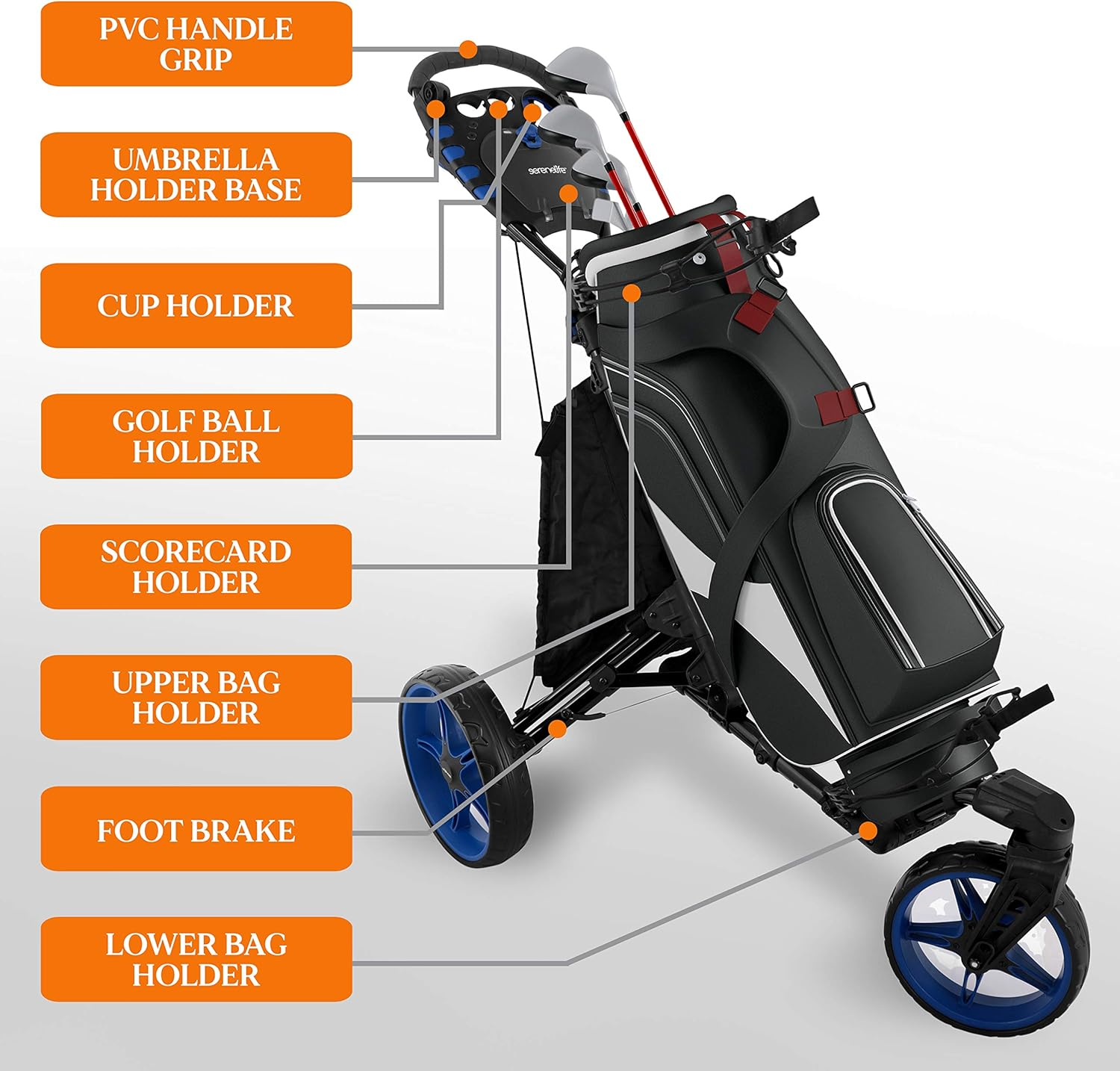 SereneLife 3-Wheel Golf Push Cart - Lightweight Folding Walking Push Cart, Roller Golf Bag Holder with Foot/Handle Brake, Upper/Lower Bracket with Elastic Strap, Scorecard/Cup/Bag Storage Holder - SLGZ48