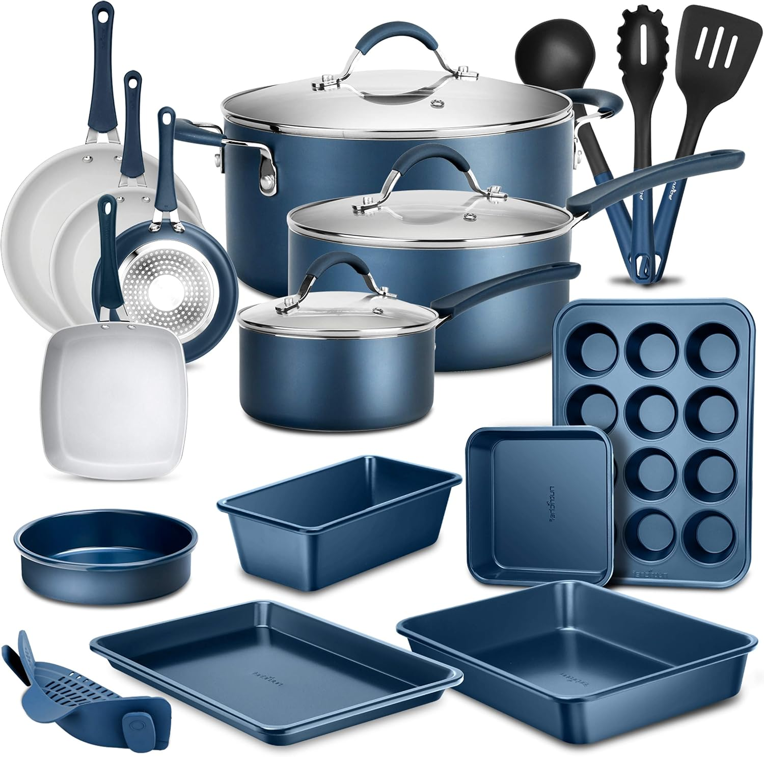 NutriChef 20-Piece Nonstick Kitchen Cookware and Bakeware Set - PTFE/PFOA/PFOS-Free with Heat-Resistant Silicone Handles, Includes Saucepan, Frying Pans, Dutch Oven, Lids, and Utensils - Blue (NCCW20SBLU, One Size)