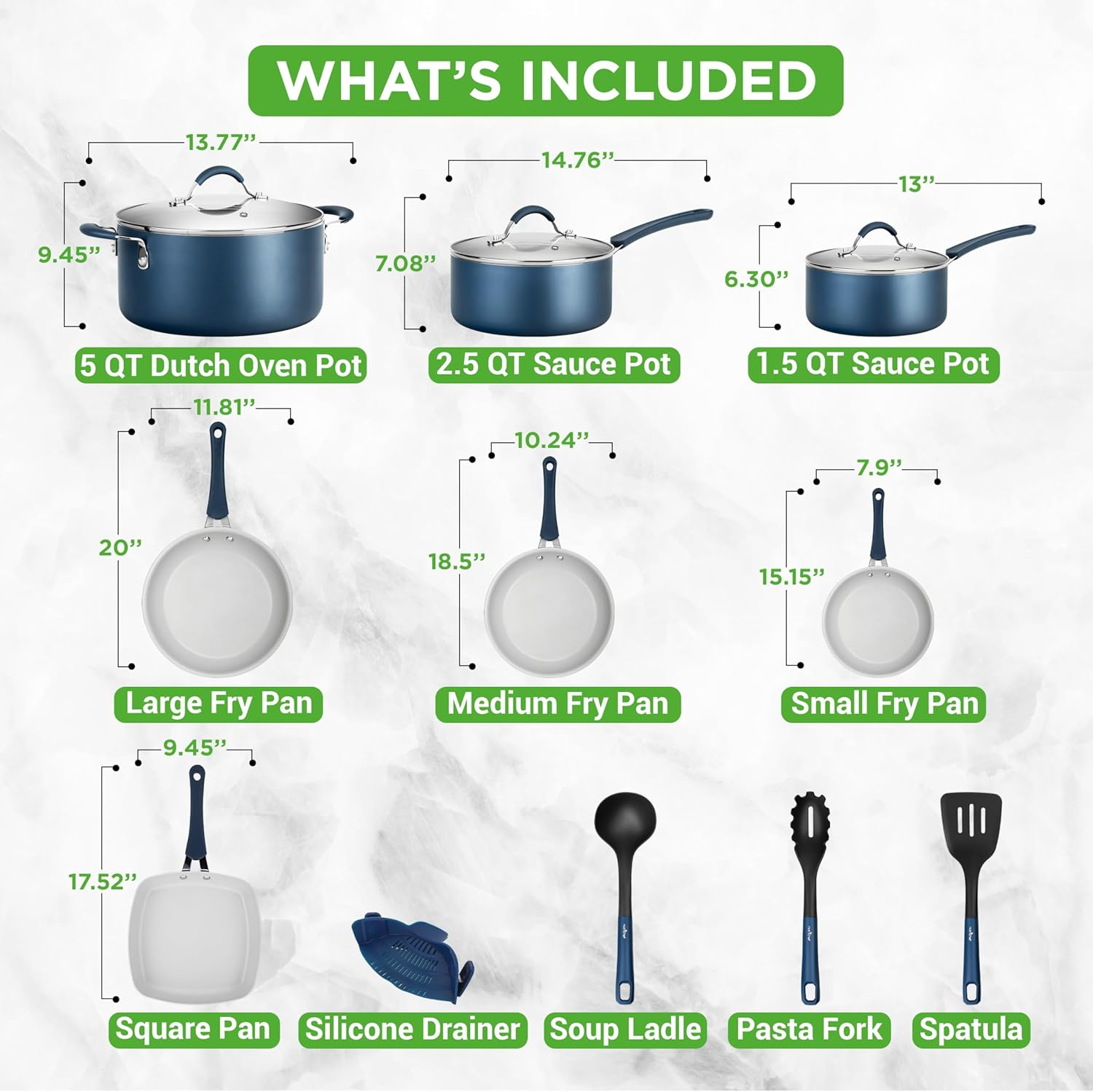 NutriChef 20-Piece Nonstick Kitchen Cookware and Bakeware Set - PTFE/PFOA/PFOS-Free with Heat-Resistant Silicone Handles, Includes Saucepan, Frying Pans, Dutch Oven, Lids, and Utensils - Blue (NCCW20SBLU, One Size)