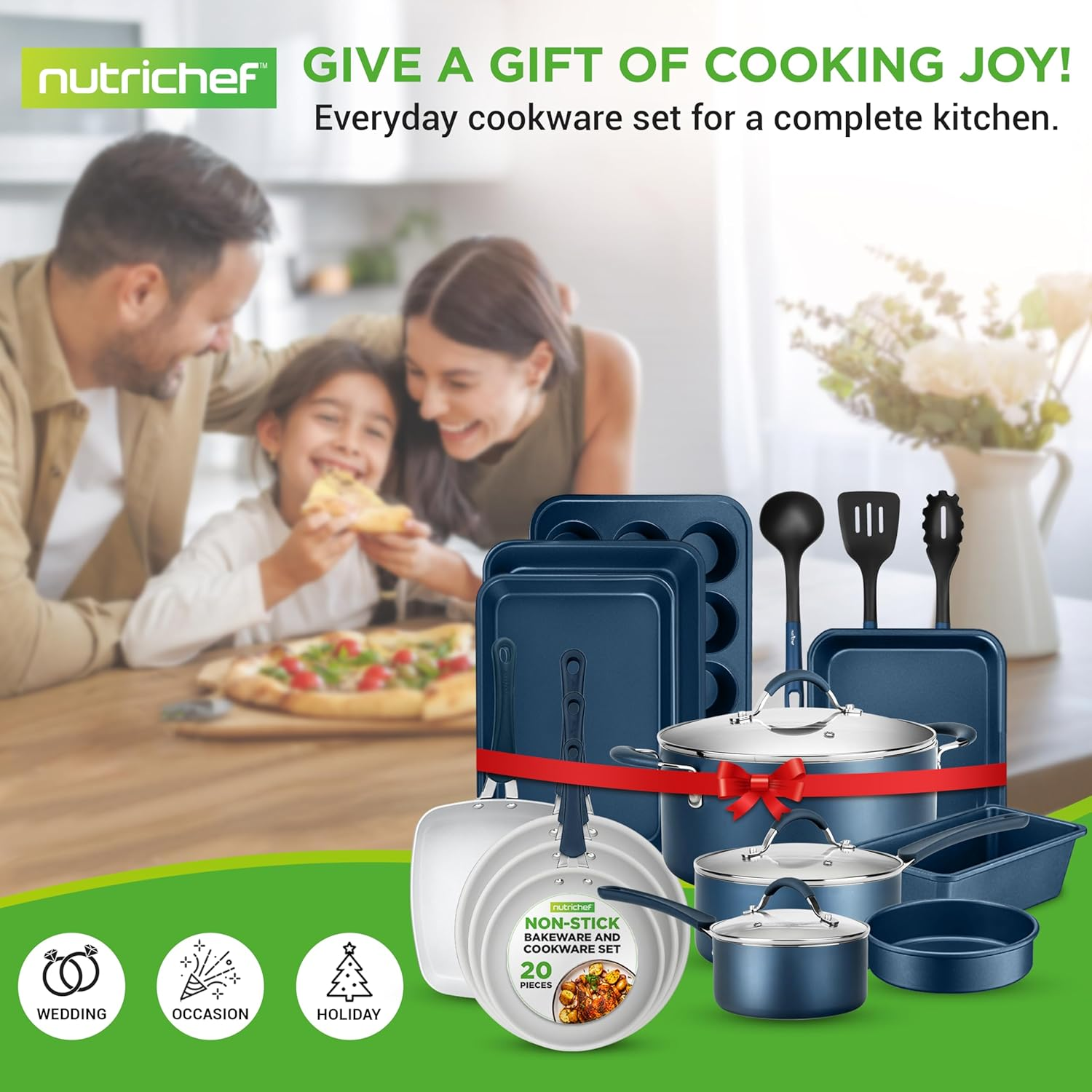 NutriChef 20-Piece Nonstick Kitchen Cookware and Bakeware Set - PTFE/PFOA/PFOS-Free with Heat-Resistant Silicone Handles, Includes Saucepan, Frying Pans, Dutch Oven, Lids, and Utensils - Blue (NCCW20SBLU, One Size)