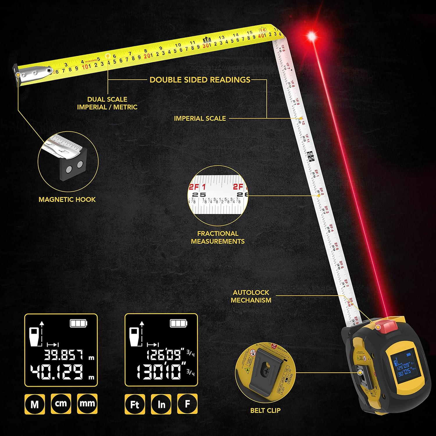 LEXIVON 2-in-1 Laser Tape Measure, 130ft Laser, 16ft AutoLock Tape (LX-201)