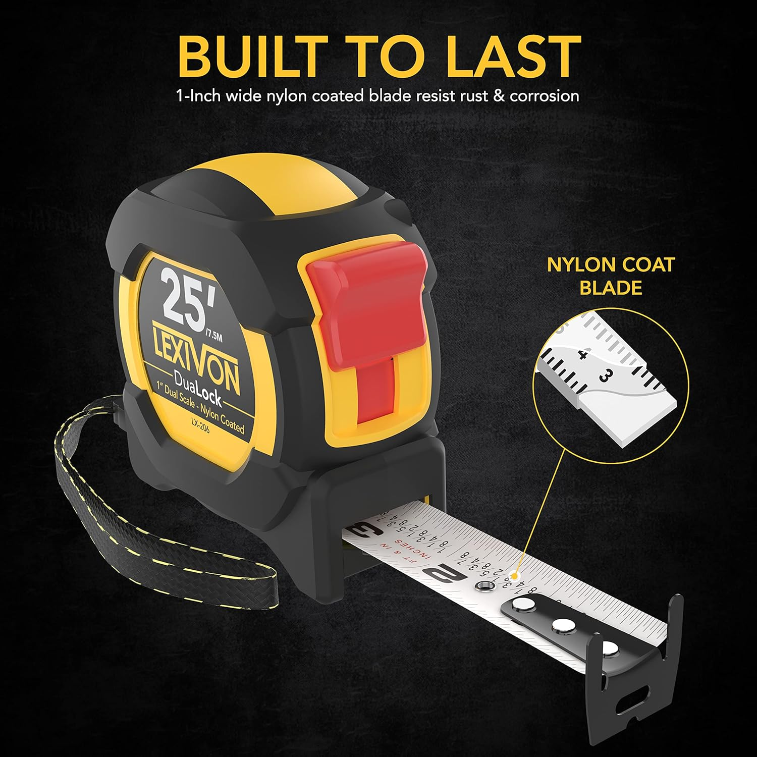 LEXIVON 25Ft/7.5m DuaLock Tape Measure | 1-Inch Wide Blade with Nylon Coating, Matt Finish White & Yellow Dual Sided Rule Print | Ft/Inch/Fractions/Metric (LX-206)