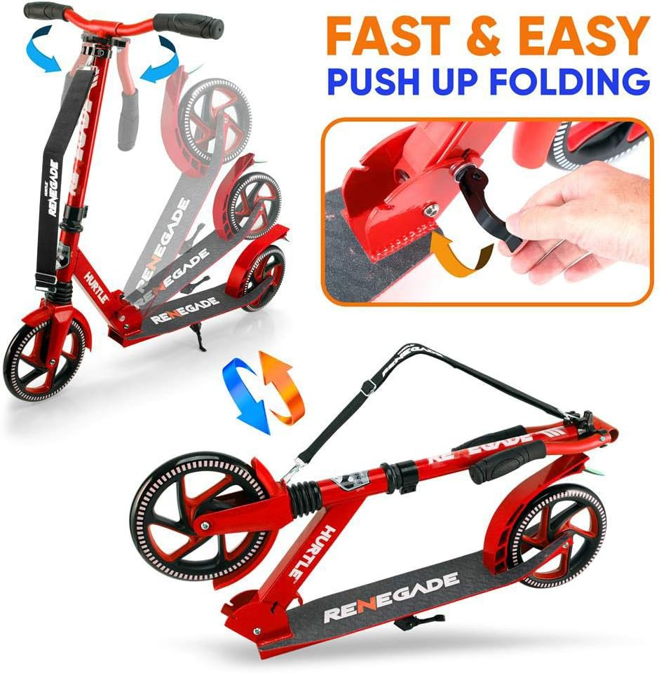 Hurtle Scooter for Adults, Teens, & Kids – 2-Wheel Kick Scooter with Adjustable T-Bar Handlebar – Alloy Anti-Slip Deck – Portable Folding Scooter with Carrying Strap