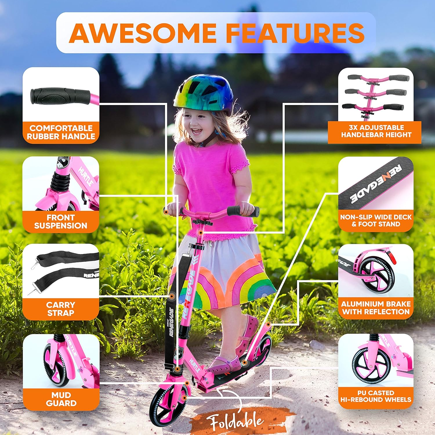 Hurtle Scooter for Adults, Teens, and Kids – 2-Wheel Kick Scooter with Adjustable T-Bar Handlebar, Alloy Anti-Slip Deck, Portable Folding Design, and Carrying Strap