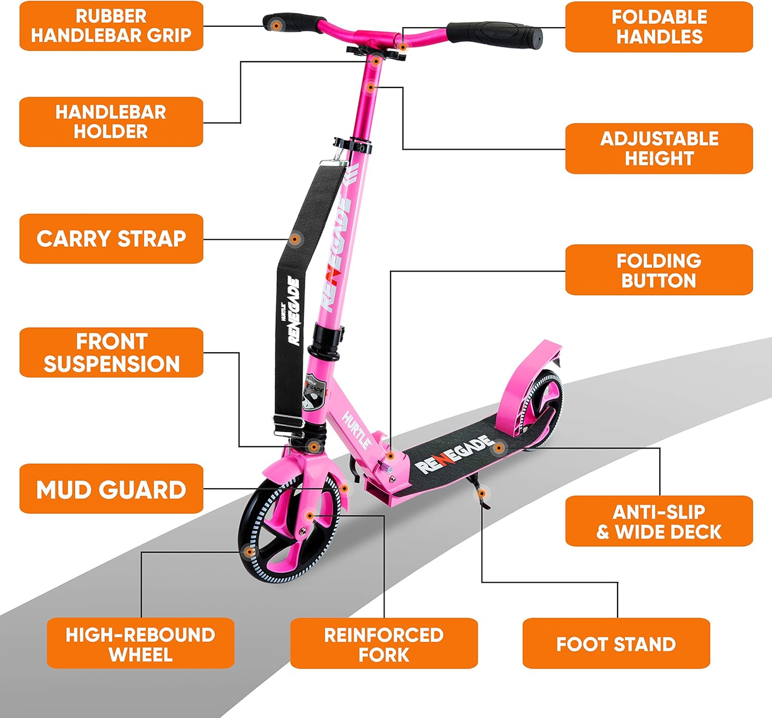 Hurtle Scooter for Adults, Teens, and Kids – 2-Wheel Kick Scooter with Adjustable T-Bar Handlebar, Alloy Anti-Slip Deck, Portable Folding Design, and Carrying Strap