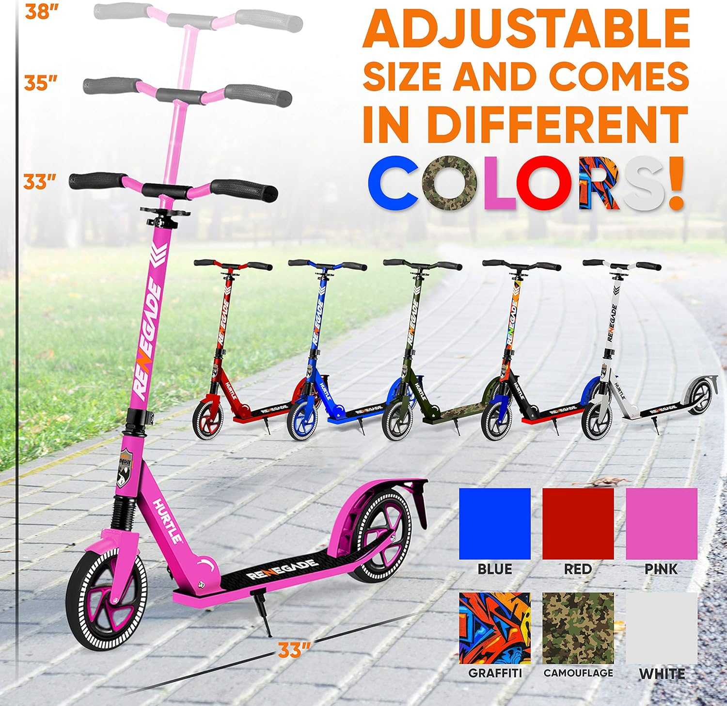 Hurtle Scooter for Adults, Teens, and Kids – 2-Wheel Kick Scooter with Adjustable T-Bar Handlebar, Alloy Anti-Slip Deck, Portable Folding Design, and Carrying Strap