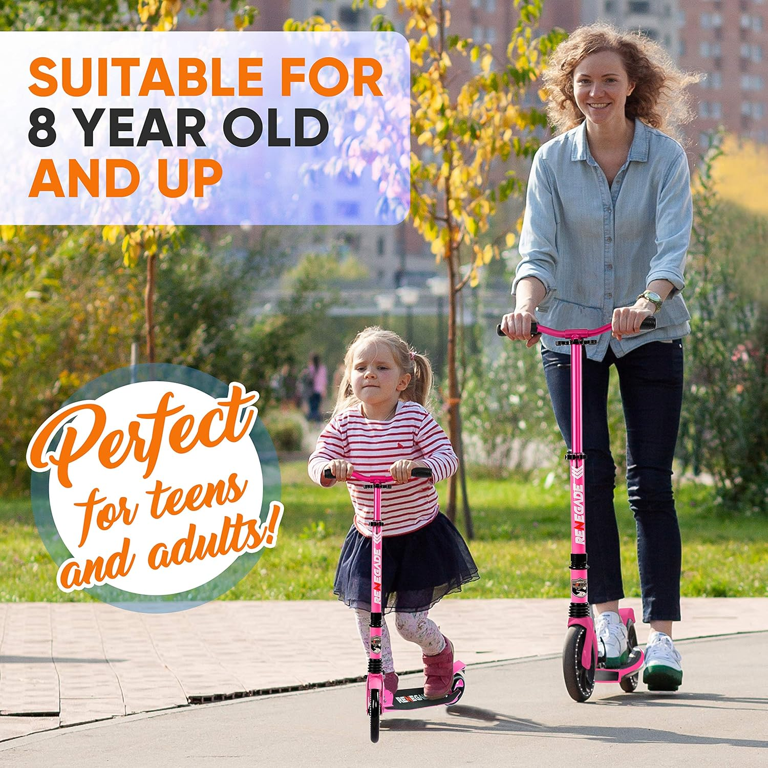 Hurtle Scooter for Adults, Teens, and Kids – 2-Wheel Kick Scooter with Adjustable T-Bar Handlebar, Alloy Anti-Slip Deck, Portable Folding Design, and Carrying Strap