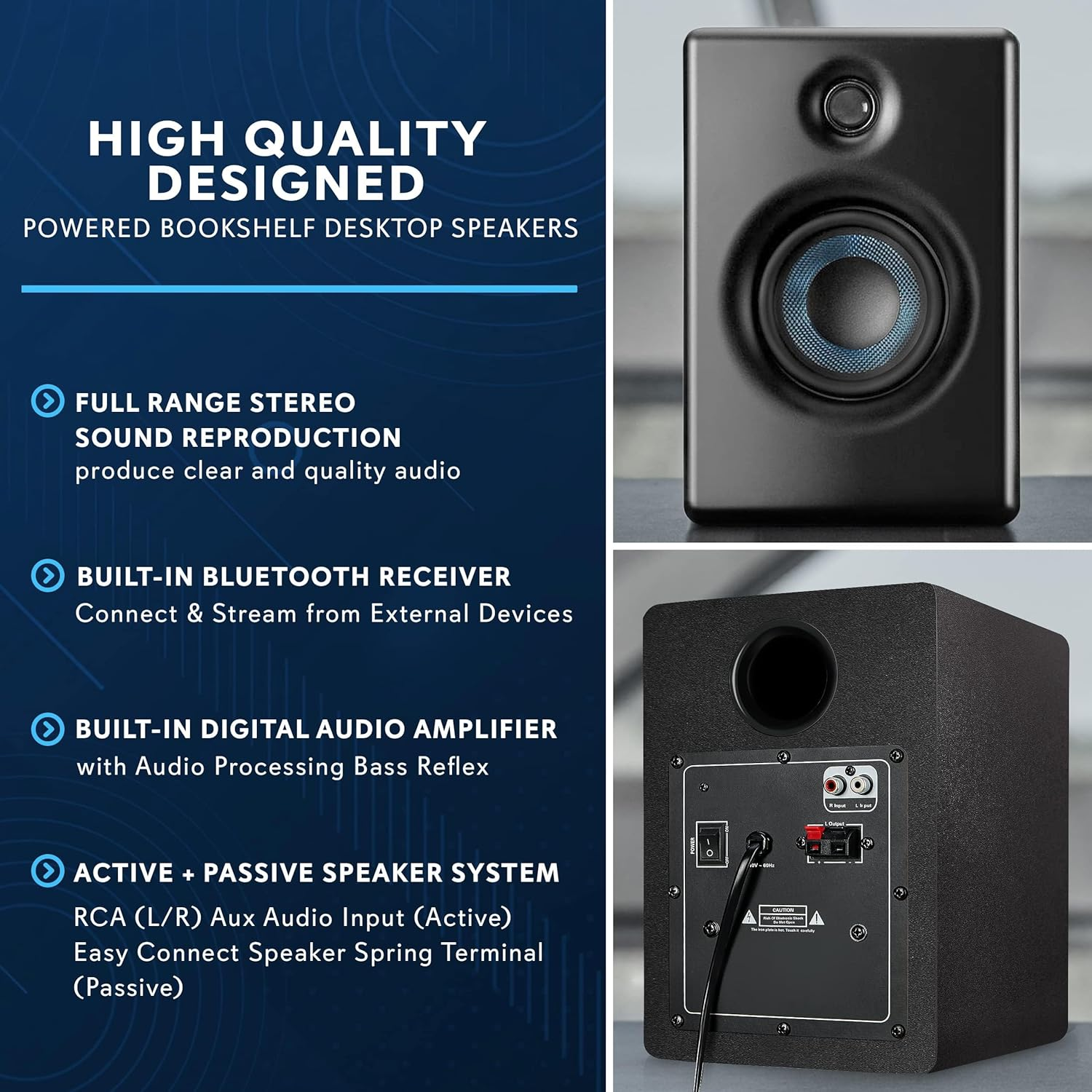 Pyle HiFi Active Bookshelf Speakers with Bluetooth – 300W Stereo Monitor Speaker System, Quality Sound for PC, TV, Desktops, with USB, Micro SD, and RCA Inputs, Black – PBKSP33BK