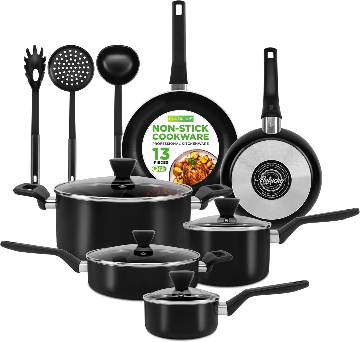 NutriChef 13-Piece Nonstick Pots and Pans Cookware Set – Includes Saucepan, Frying Pans, Cooking Pots, Casserole, Lids, Ladle, Fork, Strainer, PFOA-Free and Heat-Resistant