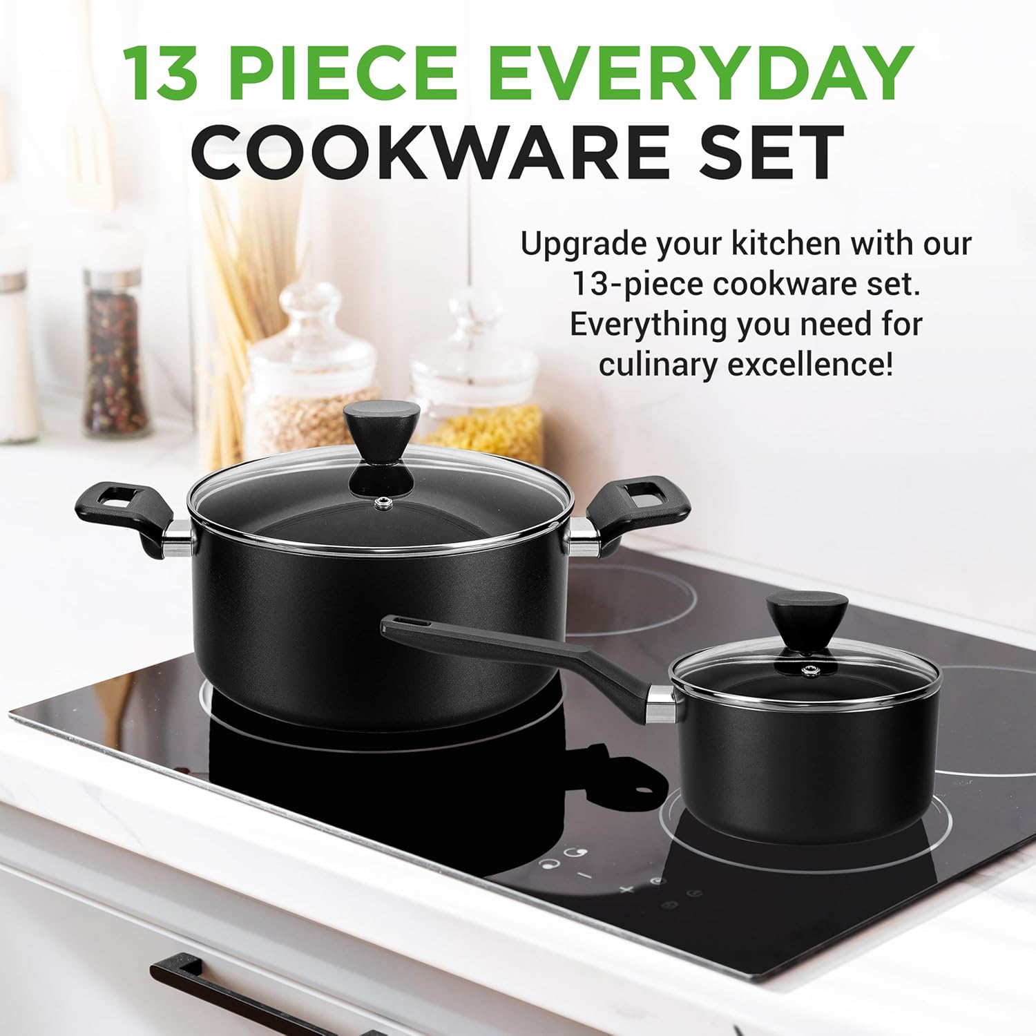 NutriChef 13-Piece Nonstick Pots and Pans Cookware Set – Includes Saucepan, Frying Pans, Cooking Pots, Casserole, Lids, Ladle, Fork, Strainer, PFOA-Free and Heat-Resistant