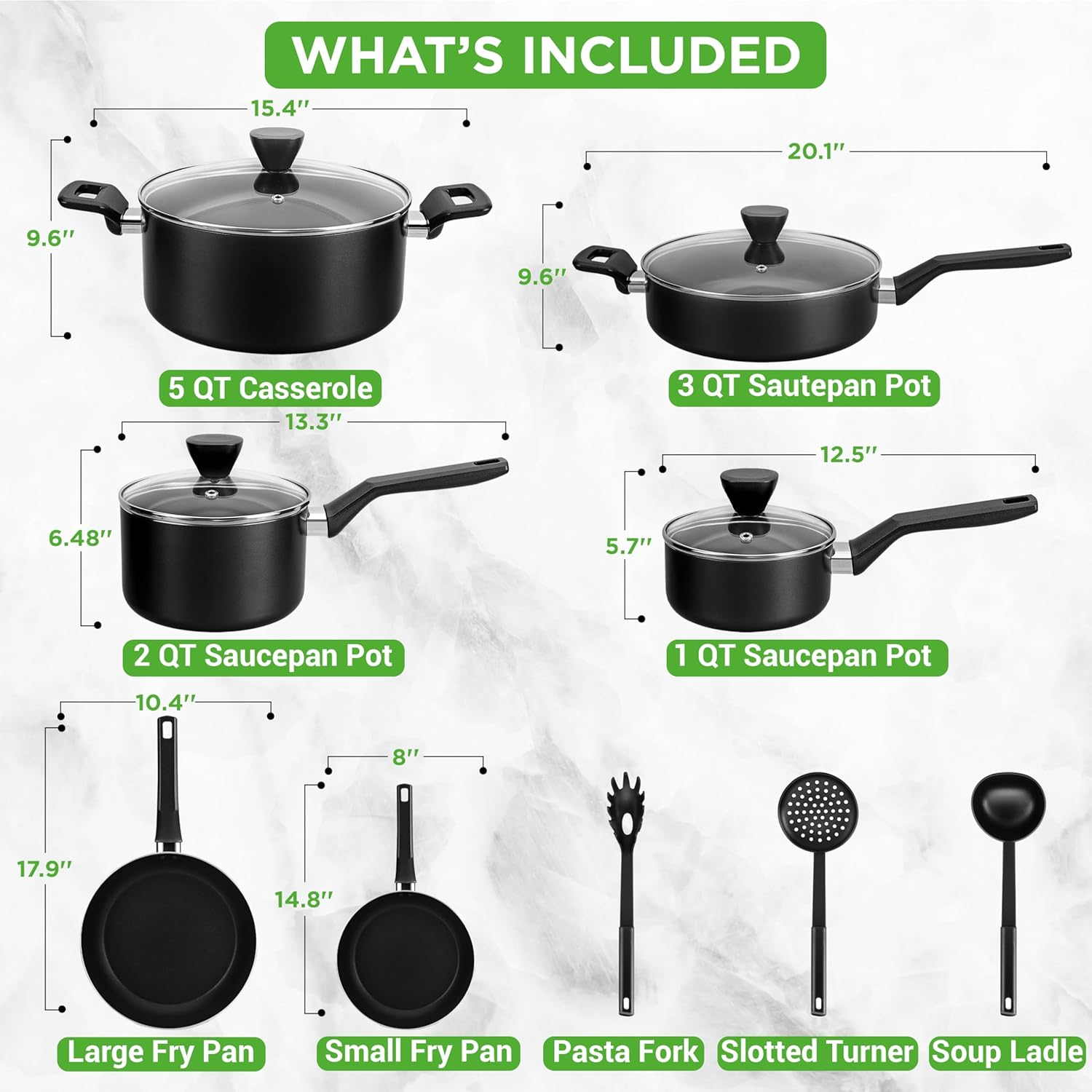 NutriChef 13-Piece Nonstick Pots and Pans Cookware Set – Includes Saucepan, Frying Pans, Cooking Pots, Casserole, Lids, Ladle, Fork, Strainer, PFOA-Free and Heat-Resistant