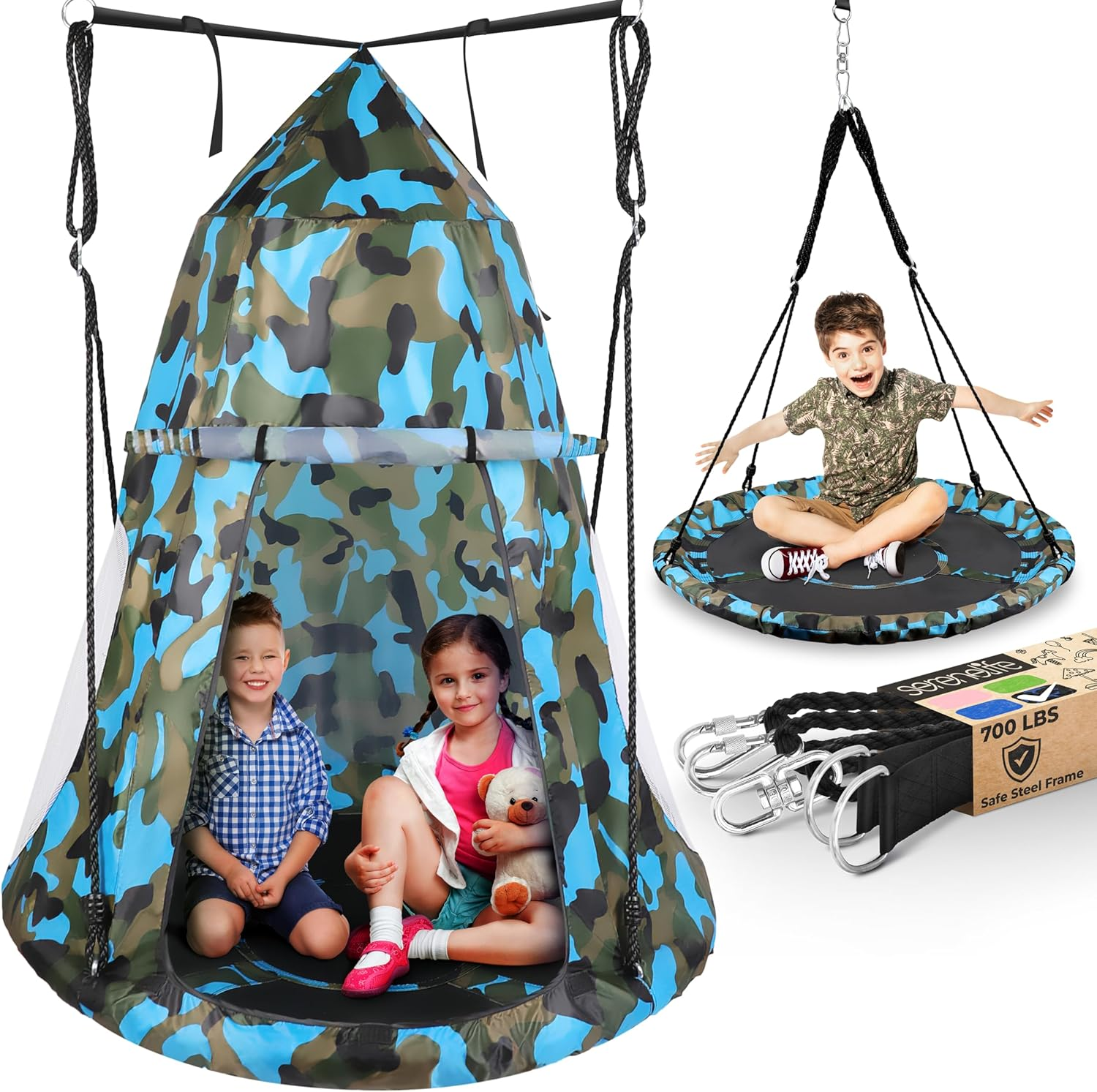 SereneLife Kids Hanging Tent Saucer Swing – Detachable Tent Cover – Giant Hammock Nest Pod Hanging Round Circular Flying Swing Set – Cushion-Padded Metal Frame, Outdoor/Indoor Swing (Blue Camo)