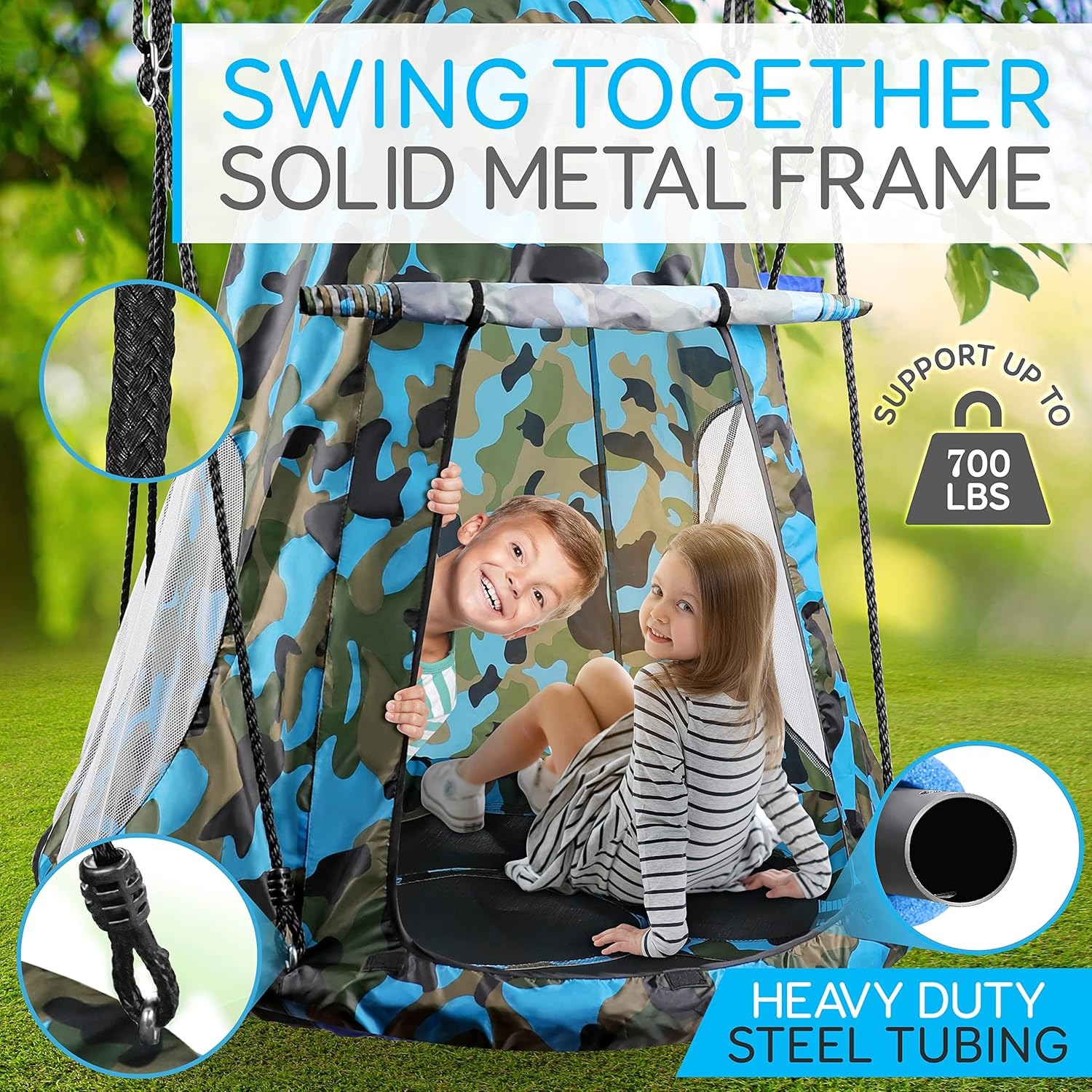 SereneLife Kids Hanging Tent Saucer Swing – Detachable Tent Cover – Giant Hammock Nest Pod Hanging Round Circular Flying Swing Set – Cushion-Padded Metal Frame, Outdoor/Indoor Swing (Blue Camo)