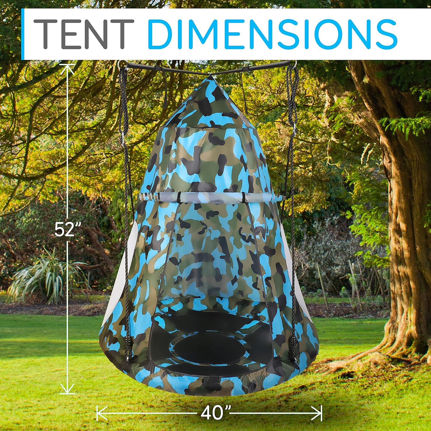 SereneLife Kids Hanging Tent Saucer Swing – Detachable Tent Cover – Giant Hammock Nest Pod Hanging Round Circular Flying Swing Set – Cushion-Padded Metal Frame, Outdoor/Indoor Swing (Blue Camo)