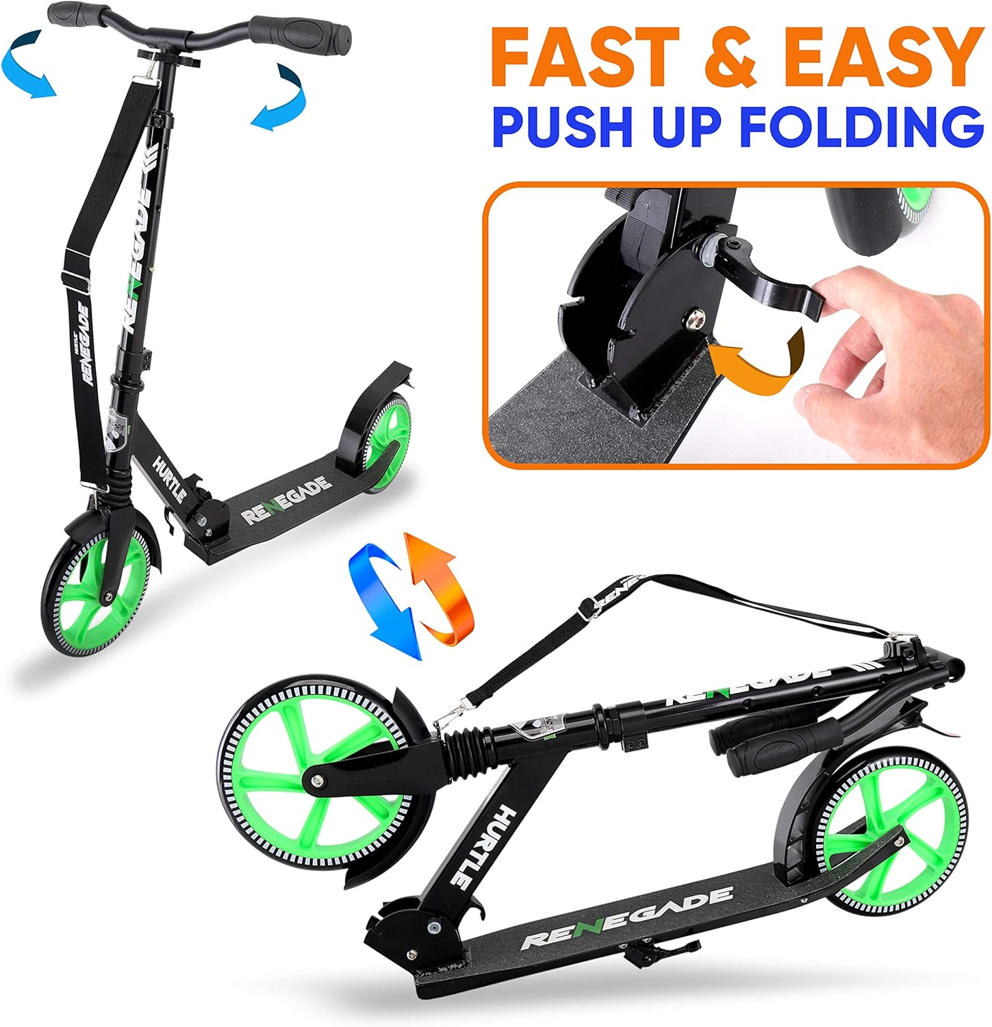 Hurtle Scooter for Adults, Teens & Kids – 2-Wheel Kick Scooter with Adjustable T-Bar Handlebar – Alloy Anti-Slip Deck – Portable Folding Scooter with Carrying Strap