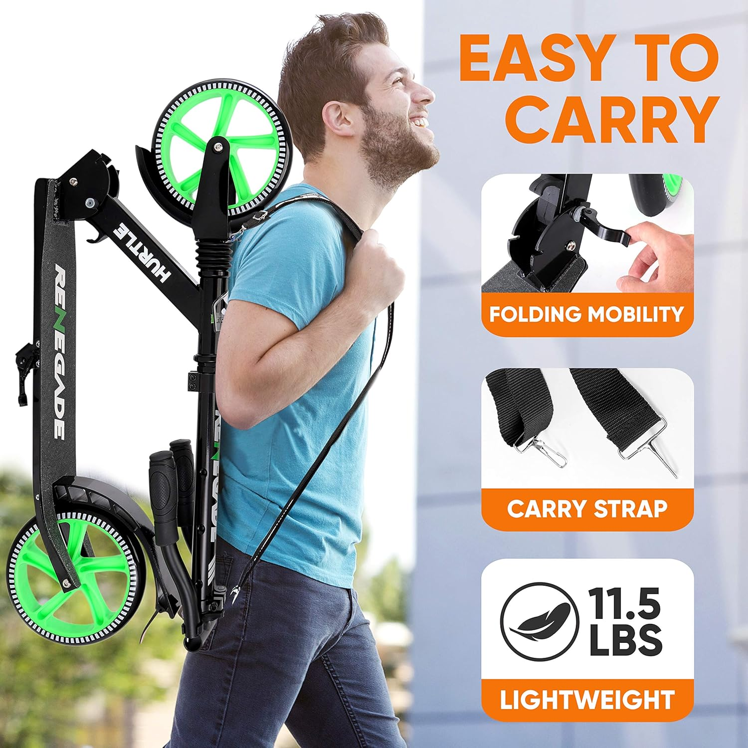 Hurtle Scooter for Adults, Teens & Kids – 2-Wheel Kick Scooter with Adjustable T-Bar Handlebar – Alloy Anti-Slip Deck – Portable Folding Scooter with Carrying Strap