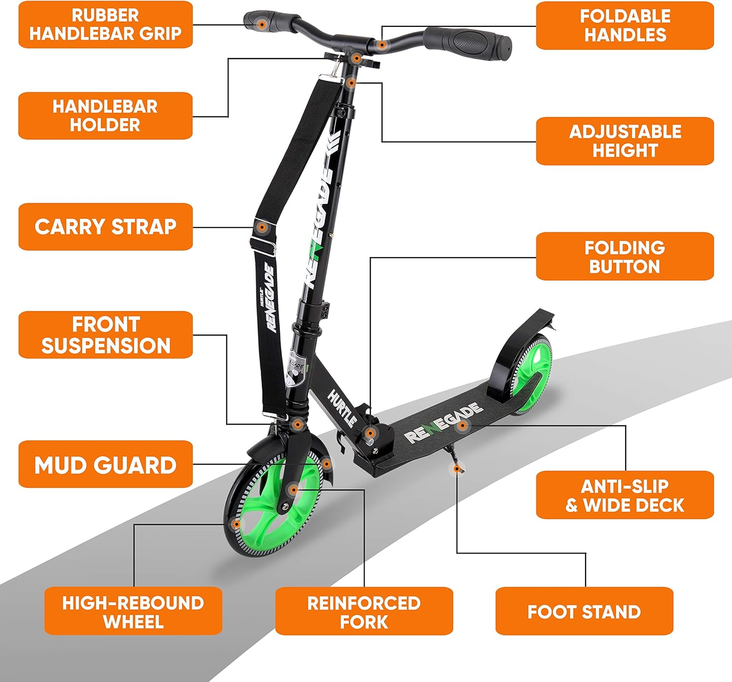 Hurtle Scooter for Adults, Teens & Kids – 2-Wheel Kick Scooter with Adjustable T-Bar Handlebar – Alloy Anti-Slip Deck – Portable Folding Scooter with Carrying Strap