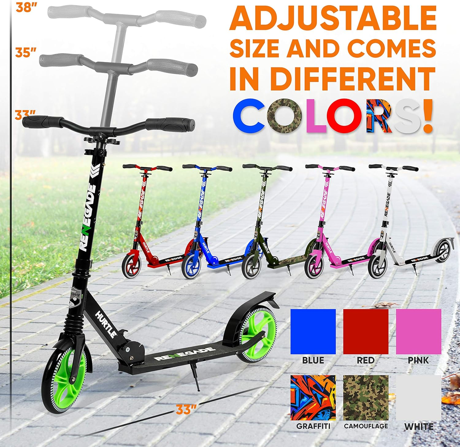 Hurtle Scooter for Adults, Teens & Kids – 2-Wheel Kick Scooter with Adjustable T-Bar Handlebar – Alloy Anti-Slip Deck – Portable Folding Scooter with Carrying Strap