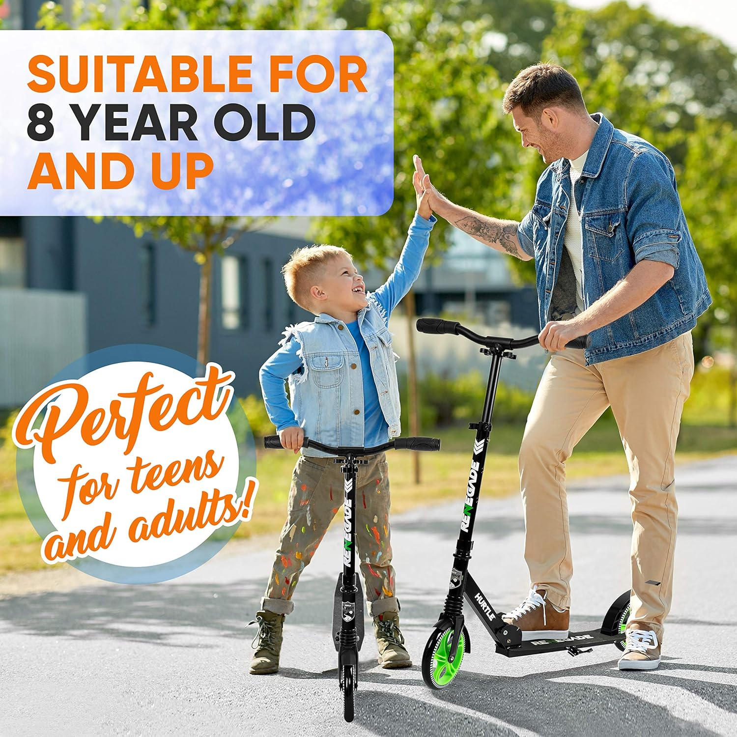 Hurtle Scooter for Adults, Teens & Kids – 2-Wheel Kick Scooter with Adjustable T-Bar Handlebar – Alloy Anti-Slip Deck – Portable Folding Scooter with Carrying Strap