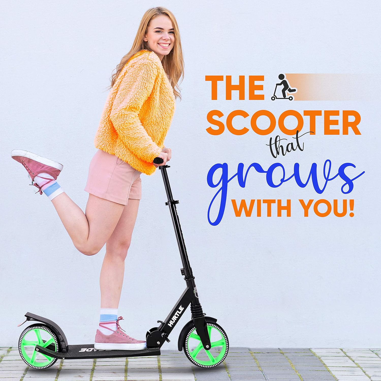 Hurtle Scooter for Adults, Teens & Kids – 2-Wheel Kick Scooter with Adjustable T-Bar Handlebar – Alloy Anti-Slip Deck – Portable Folding Scooter with Carrying Strap