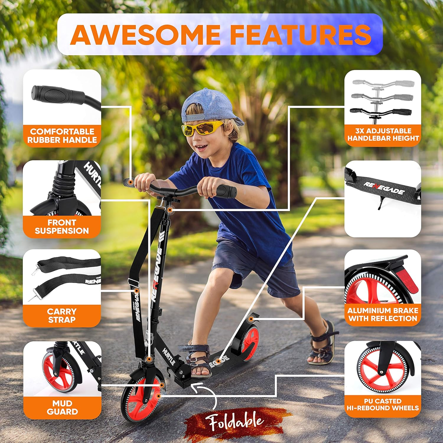 Hurtle Scooter for Adults, Teens & Kids – 2-Wheel Kick Scooter with Adjustable T-Bar Handlebar – Alloy Anti-Slip Deck – Portable Folding Scooter with Carrying Strap