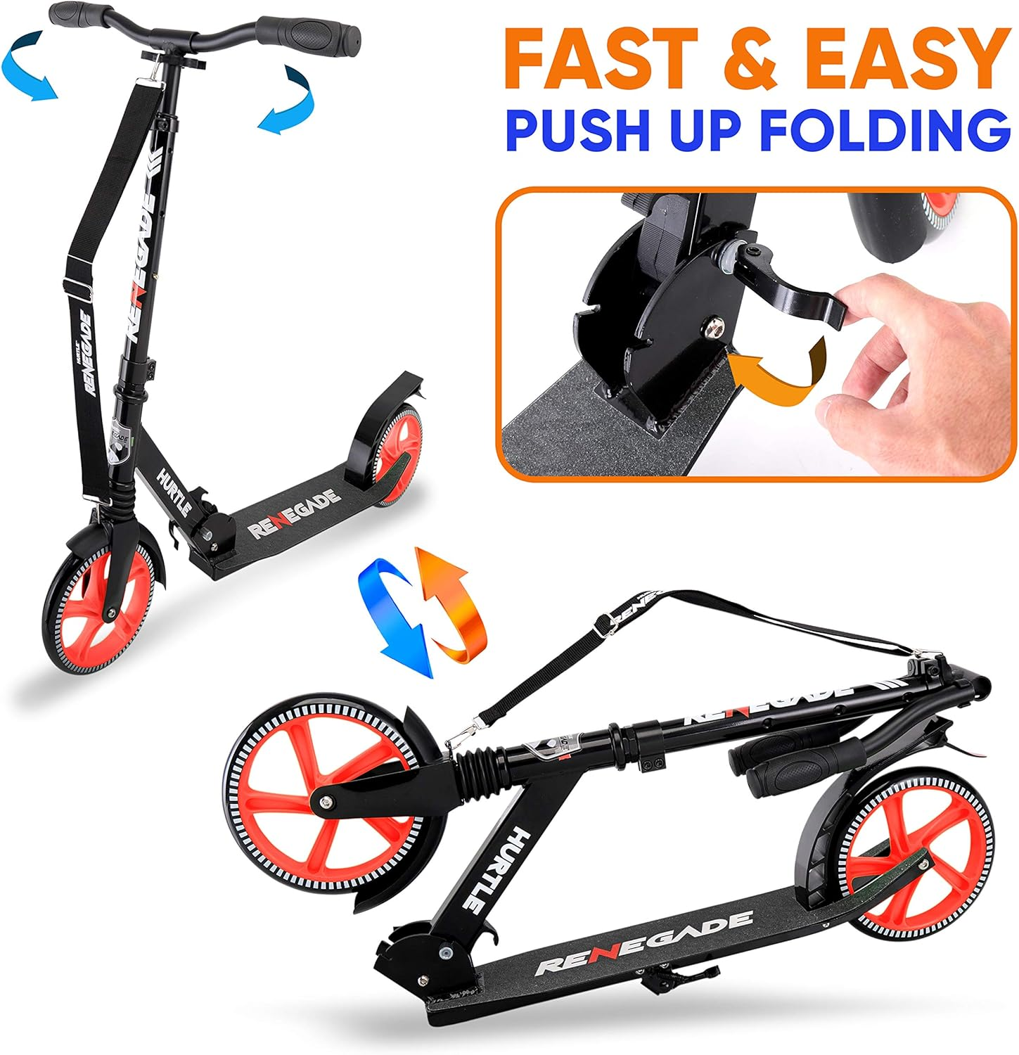 Hurtle Scooter for Adults, Teens & Kids – 2-Wheel Kick Scooter with Adjustable T-Bar Handlebar – Alloy Anti-Slip Deck – Portable Folding Scooter with Carrying Strap