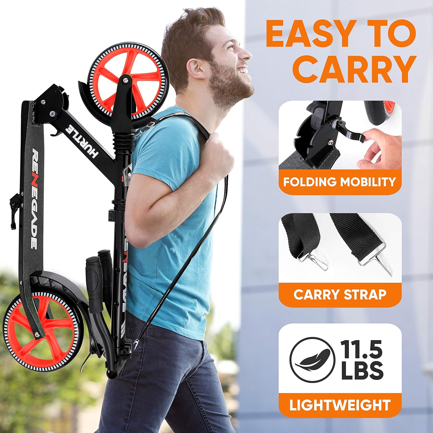 Hurtle Scooter for Adults, Teens & Kids – 2-Wheel Kick Scooter with Adjustable T-Bar Handlebar – Alloy Anti-Slip Deck – Portable Folding Scooter with Carrying Strap