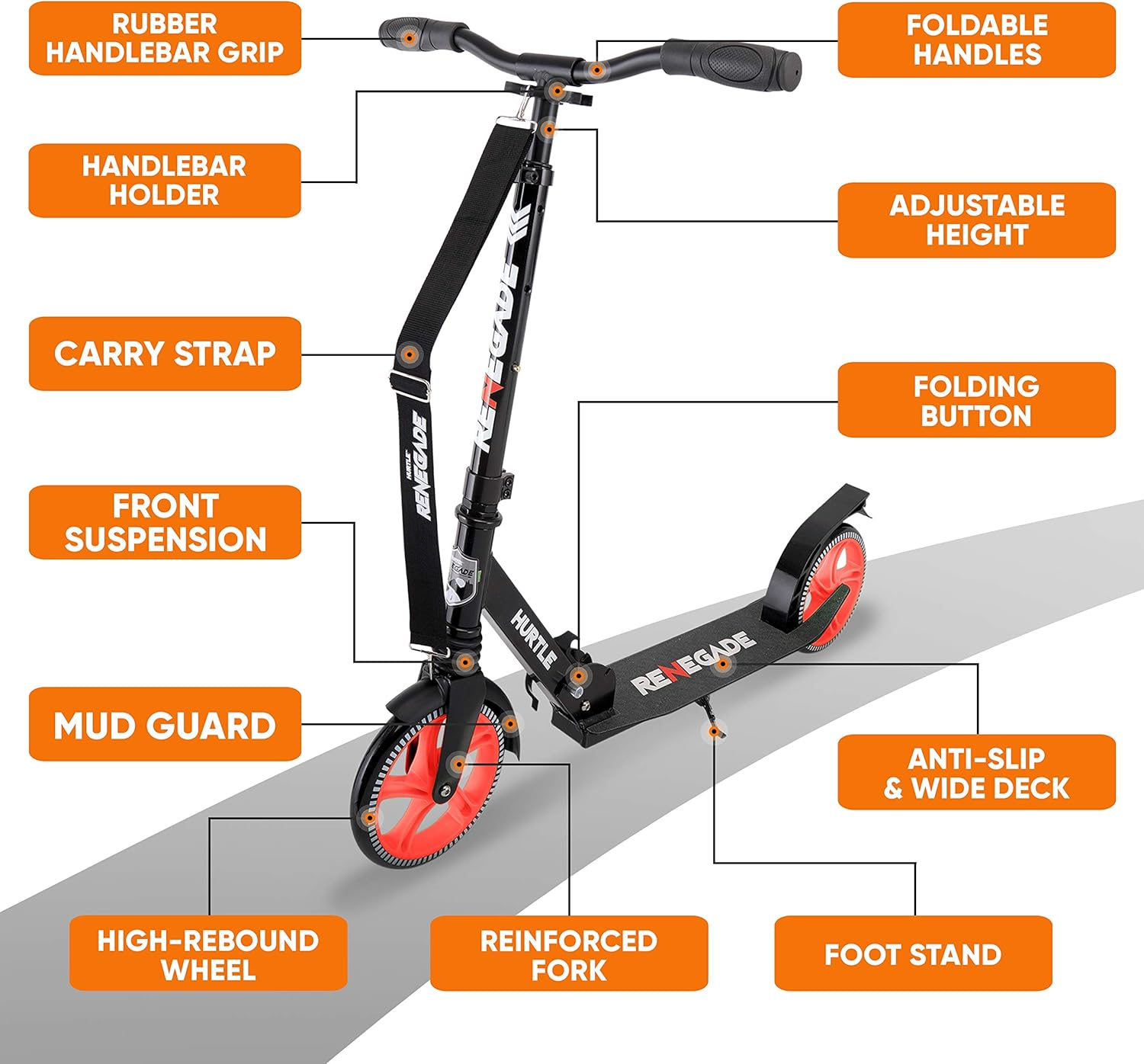 Hurtle Scooter for Adults, Teens & Kids – 2-Wheel Kick Scooter with Adjustable T-Bar Handlebar – Alloy Anti-Slip Deck – Portable Folding Scooter with Carrying Strap