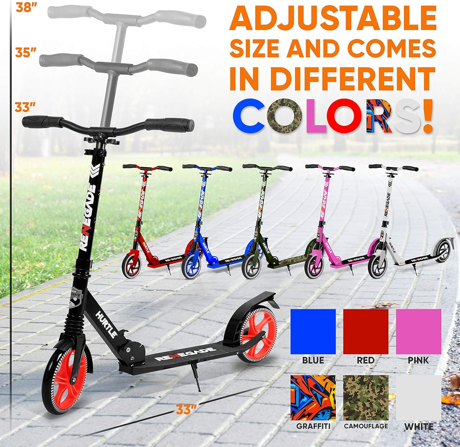 Hurtle Scooter for Adults, Teens & Kids – 2-Wheel Kick Scooter with Adjustable T-Bar Handlebar – Alloy Anti-Slip Deck – Portable Folding Scooter with Carrying Strap