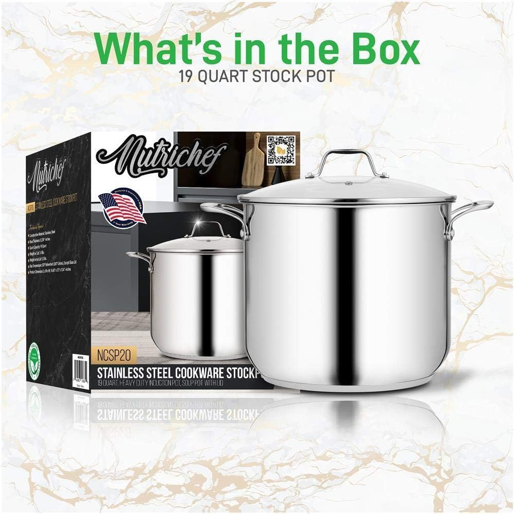 Nutrichef Stainless Steel Stockpot – Heavy Duty Induction Soup Pot with Lid, 19 Quart