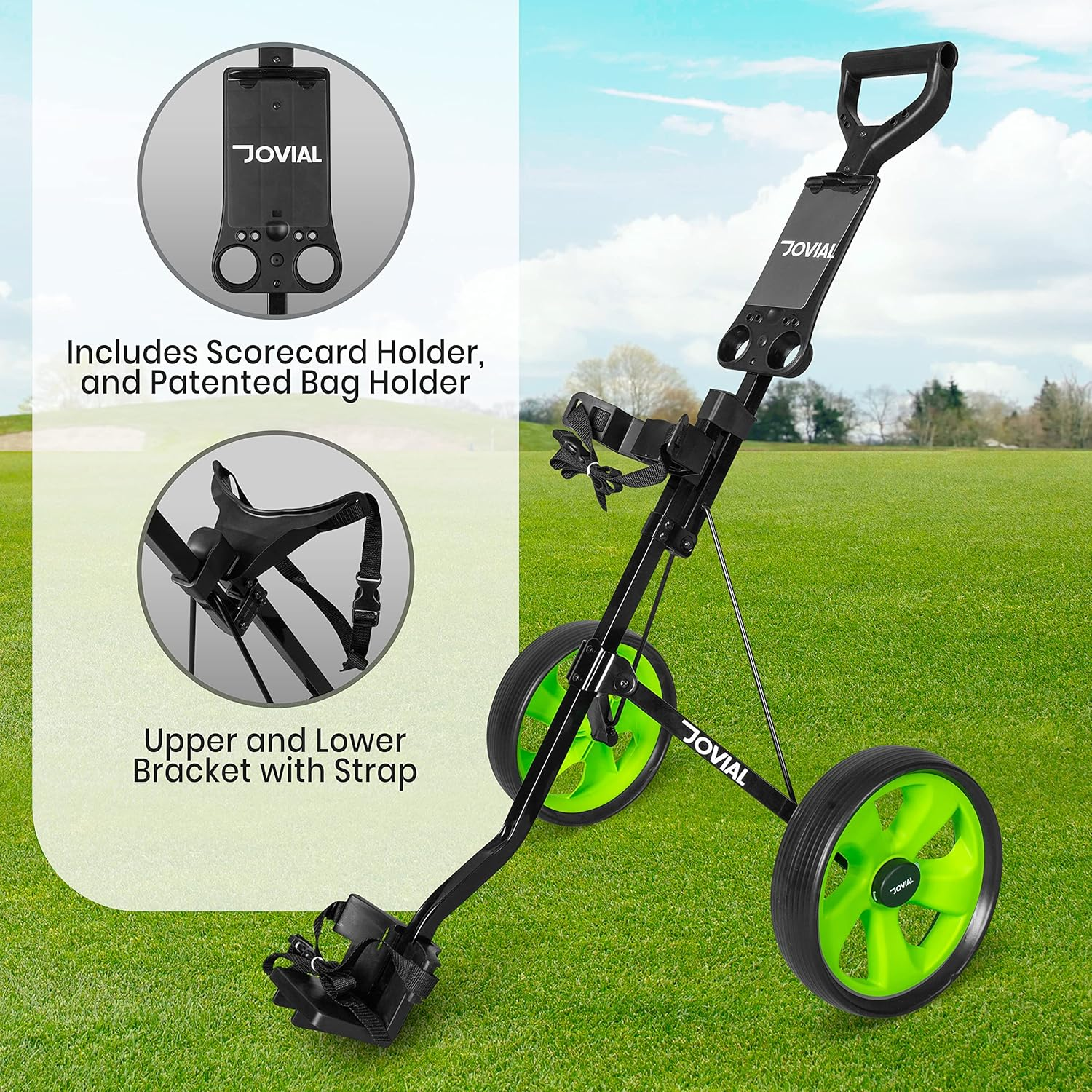 Jovial Golf Push Cart – Foldable, Collapsible, Lightweight with Upper and Lower Brackets & Elastic Strap