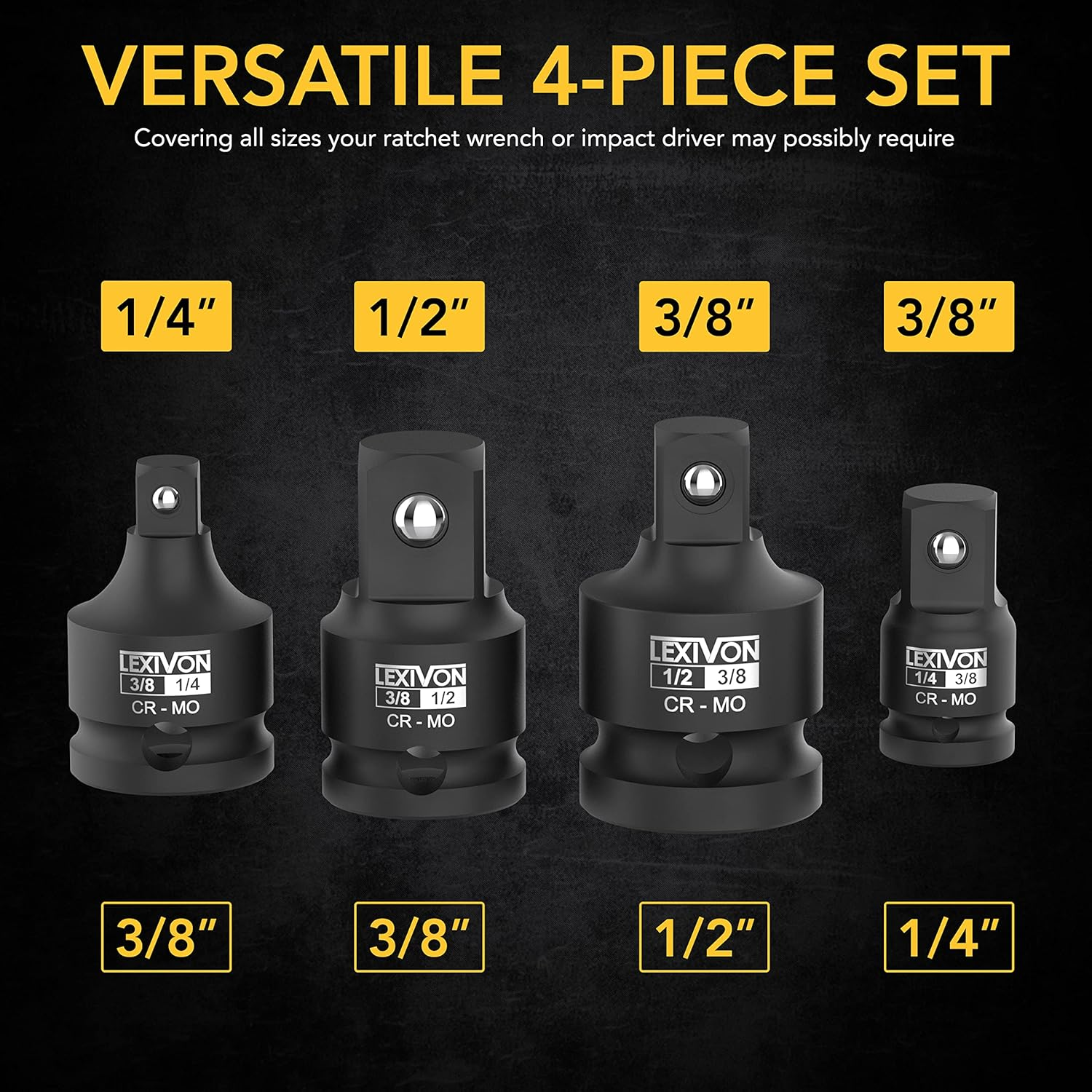 Lexivon Adaptors & Reducers For Impact Sockets, 1/4" 3/8" 1/2" 1/2", Steel Alloy - Set of 4 (LX-112)