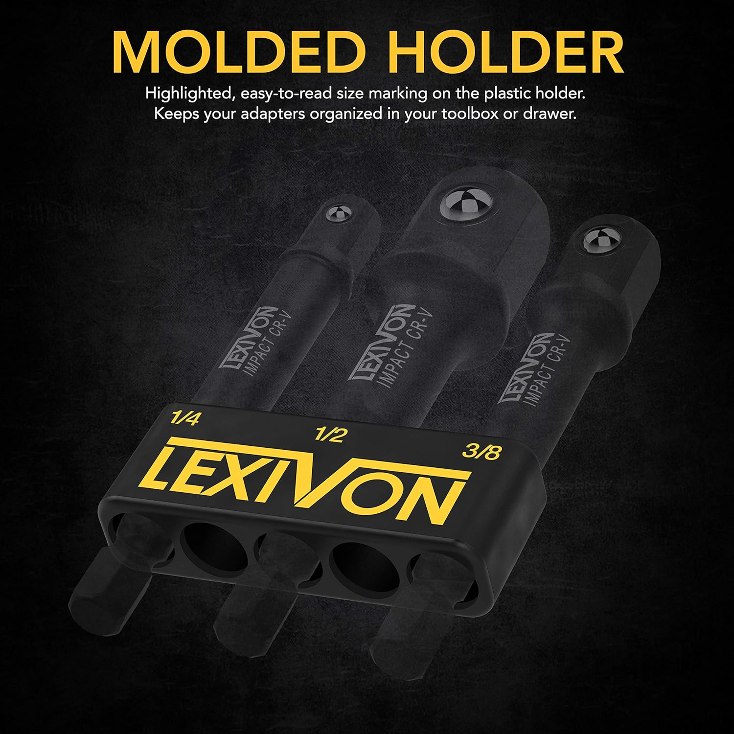 Lexivon Impact Grade Socket Adapter 3-Piece Set, 3" Extension Bit With Holder, 1/4", 3/8", 1/2" Drive - 2 Pack (LX-101X2)