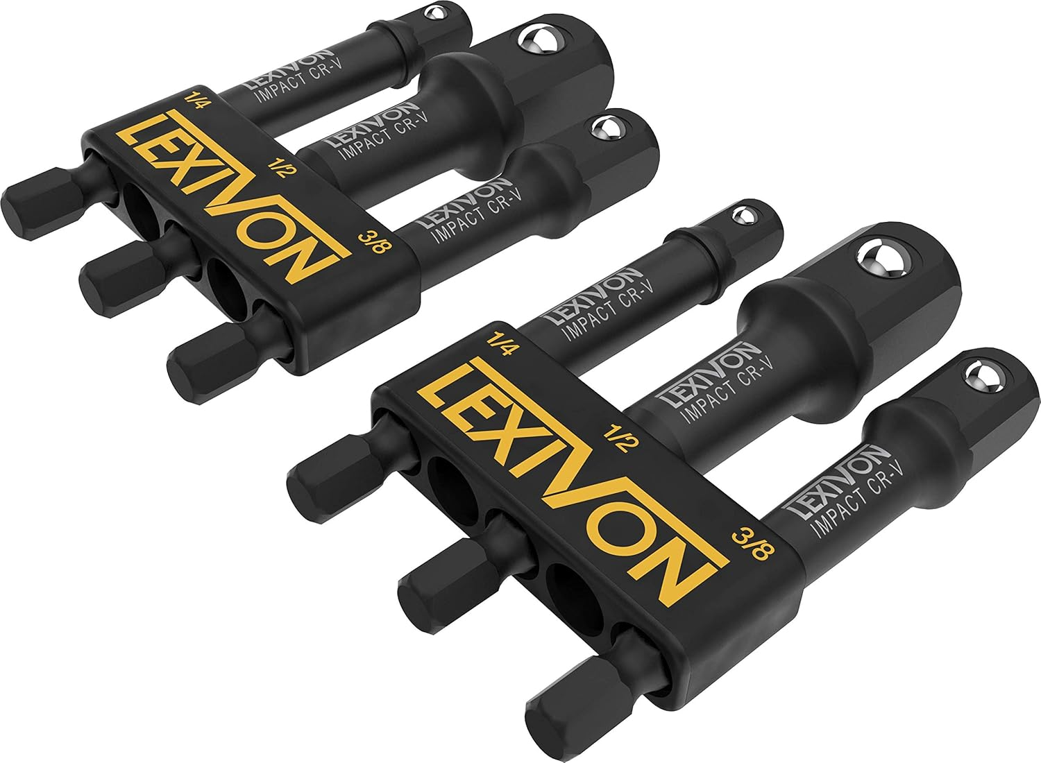 Lexivon Impact Grade Socket Adapter 3-Piece Set, 3" Extension Bit With Holder, 1/4", 3/8", 1/2" Drive - 2 Pack (LX-101X2)