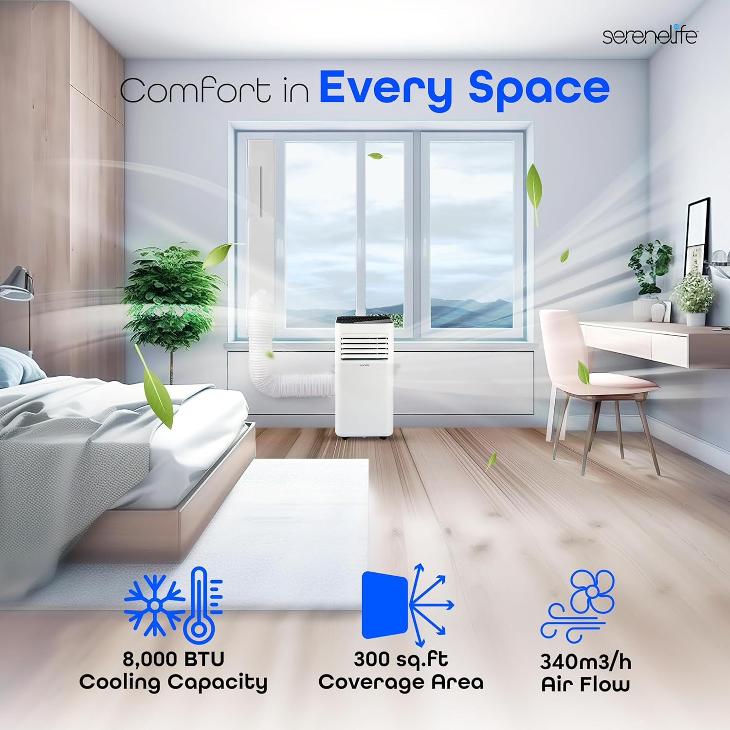 SereneLife SLPAC180W Portable Conditioner-3-in-1 Compact Standing Air Conditioner for Room Up to, Floor AC Unit with Remote Control, Universal Casters, Window Mount Kit