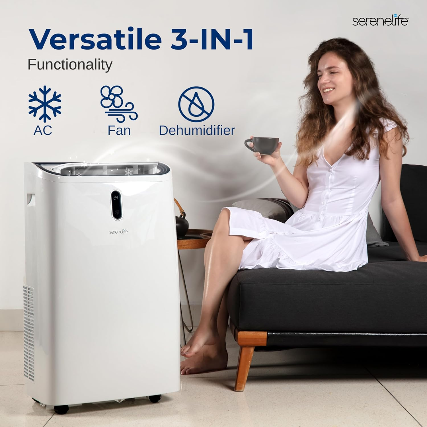 SereneLife SLPAC240W Portable Air Conditioner-12000 BTU Capacity (ASHRAE) Compact Home A/C Cooling Unit with Built-in Dehumidifier & Fan Modes, Includes Window Mount Kit (White), Stadard