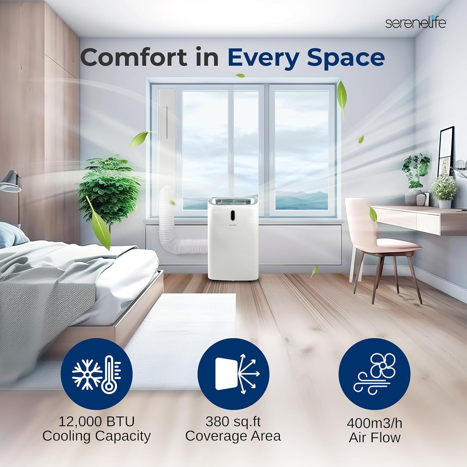 SereneLife SLPAC240W Portable Air Conditioner-12000 BTU Capacity (ASHRAE) Compact Home A/C Cooling Unit with Built-in Dehumidifier & Fan Modes, Includes Window Mount Kit (White), Stadard