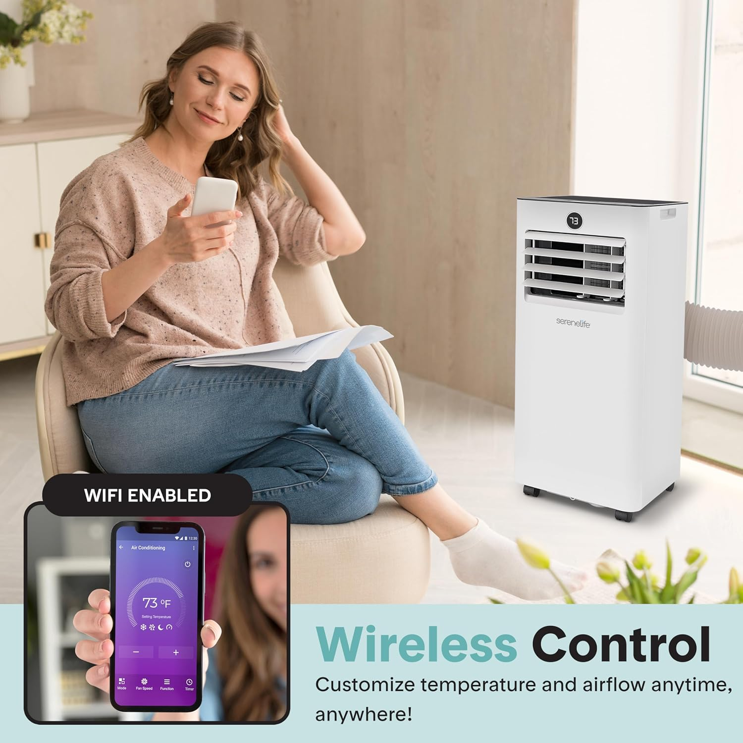 SereneLife 8,000 BTU Portable Air Conditioner & Heater – with Dehumidifier, Fan, Wi-Fi, Remote & Window Kit – Cools up to 350 sq. ft.
