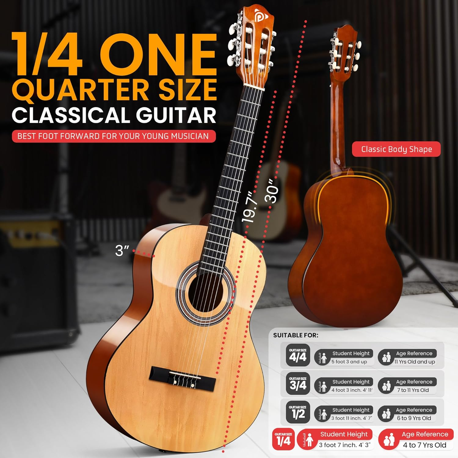 Pyle 30" Classical Guitar Starter Kit – 1/4 Size Wood Guitar with Capo, Bag, Extra Strings, Strap & Picks (Natural Gloss)