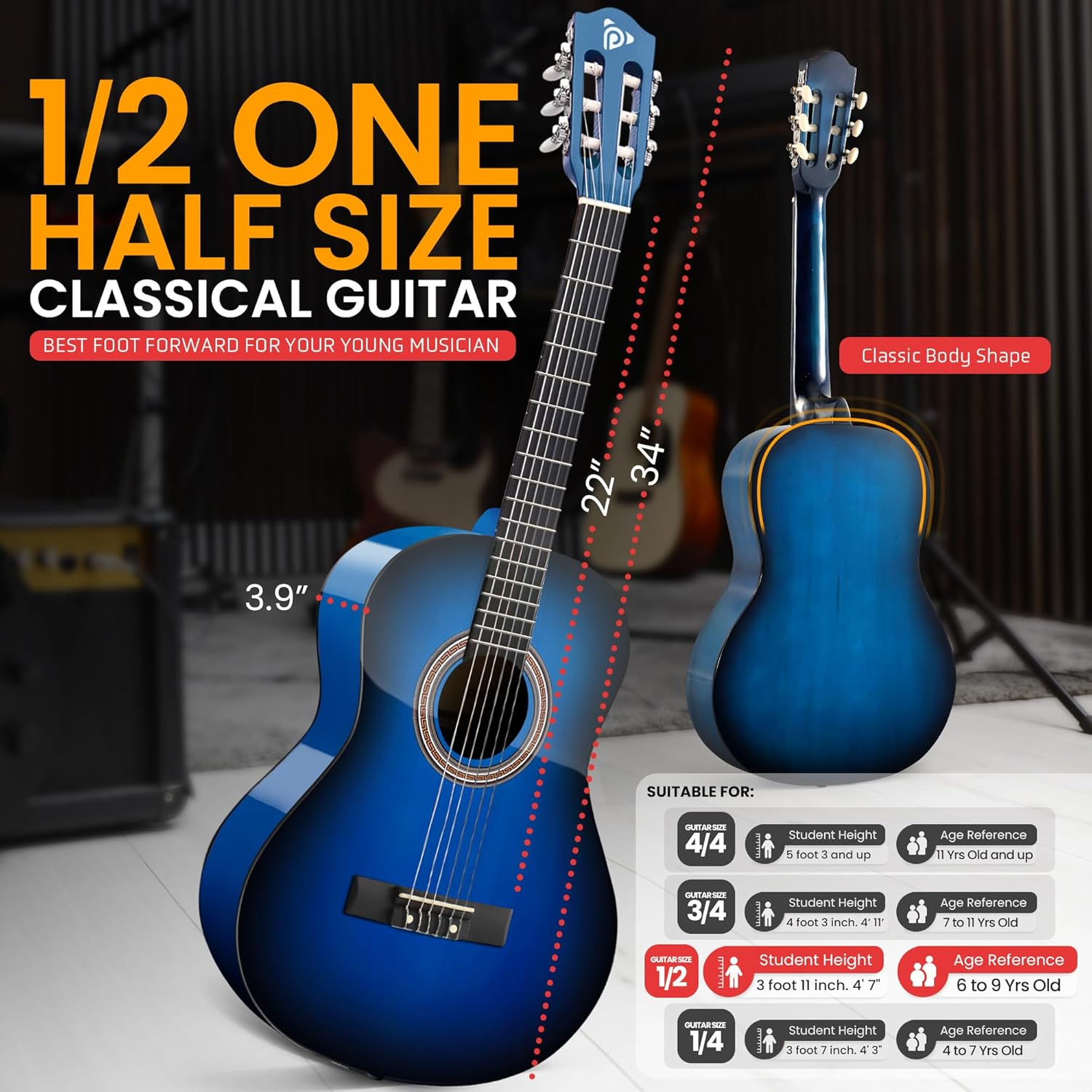 Pyle 34" Classical Guitar Starter Kit – 1/2 Size Wood Guitar with Capo, Gig Bag, Extra Strings, Strap & Picks (Blue Gloss)