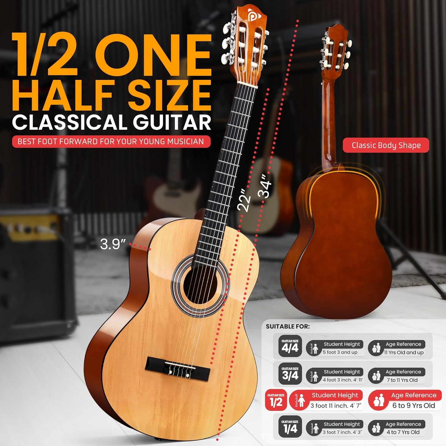 Pyle 34" Classical Guitar Starter Kit – 1/2 Size Wood Guitar with Capo, Gig Bag, Extra Strings, Strap & Picks (Natural Gloss)