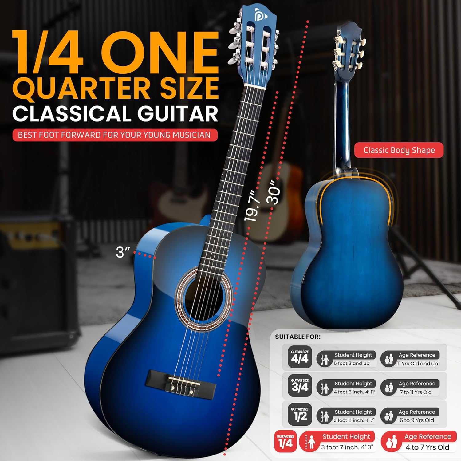 Pyle 30" Classical Guitar Starter Kit – 1/4 Size Wood Guitar with Capo, Gig Bag, Extra Strings, Strap & Picks (Blue Gloss)