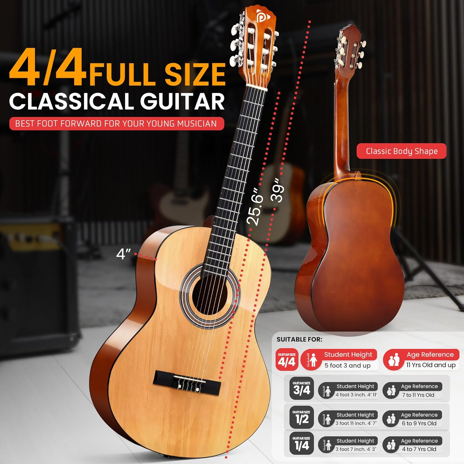 Pyle 39" Classical Guitar Starter Kit – Full Size (4/4) Left-Handed Wood Guitar with Capo, Gig Bag, Extra Strings, Strap & Picks (Natural Gloss)